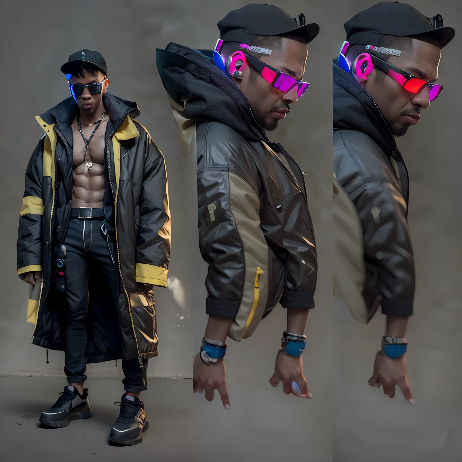 Cool man:(8K realism,Street hop style,Ten-pack abs,Freeze freezes,Cyberpunk coat,Vixen mask,Cyberpunk bracelet,rained,deep dark background)