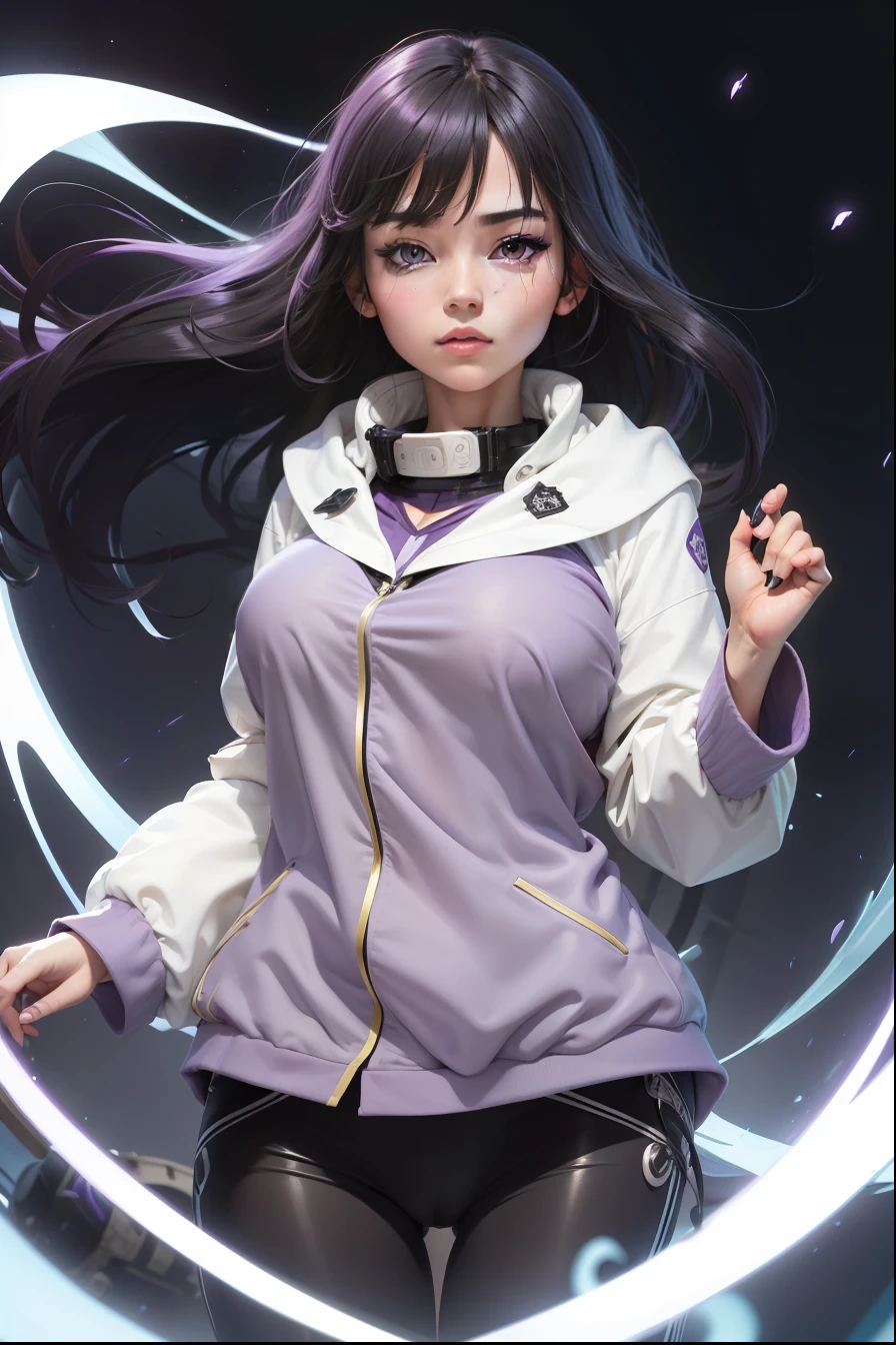 masterpiece, best quality, high resolution, fine detail, amazing and beautiful detail, different_images, 1 girl, purple and white long-sleeved jacket, from below, jet black hair, white-purple eyes, ( big boobs),( big boobs) , (big boobs), (lower chest), outer space, plants, black pants, Konoha village crest, purplish-white eyes,