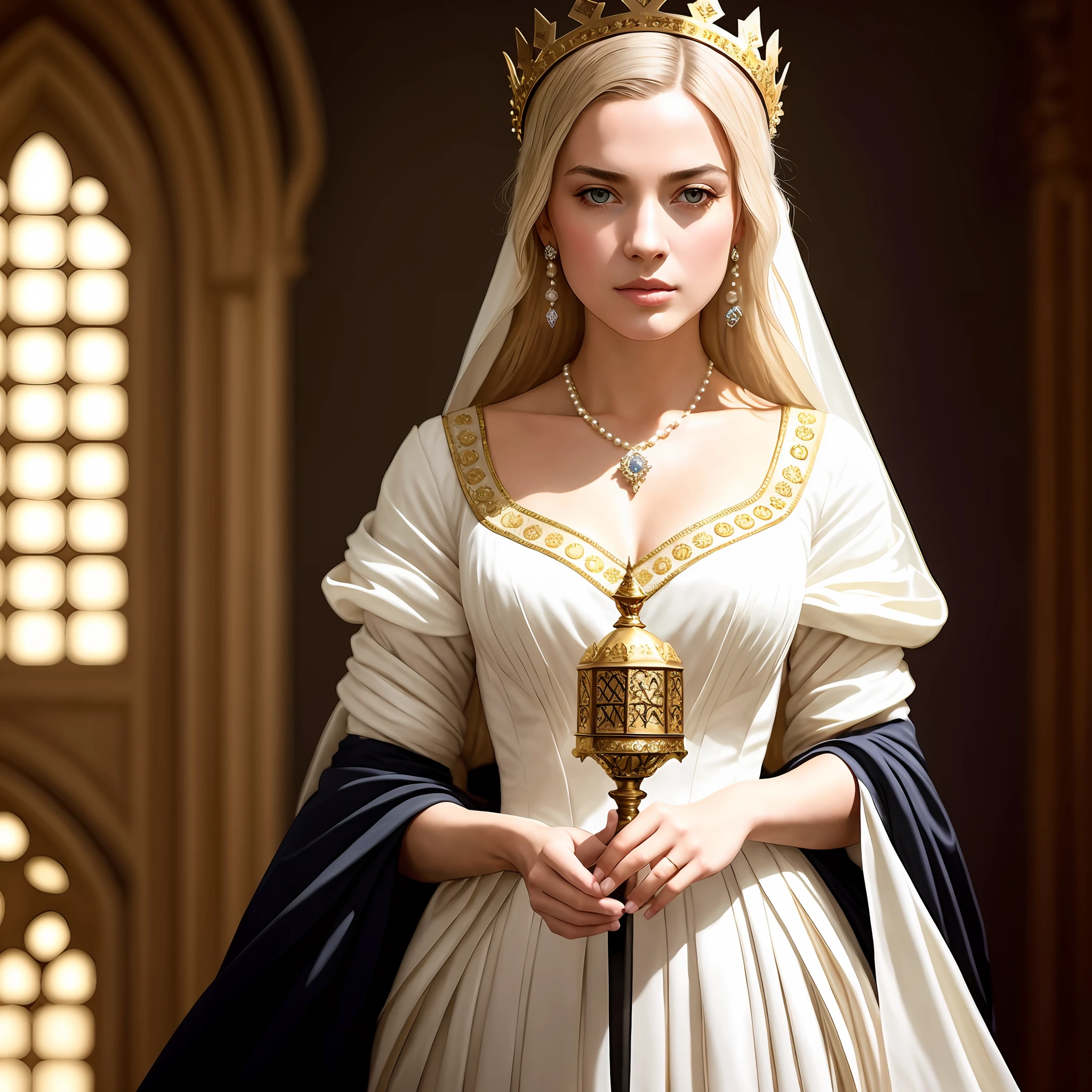 modelshoot style, (extremely detailed CG unity 8k wallpaper), full shot body photo of the most beautiful artwork in the world, english medieval witch, white vale, pearl skin,golden crown, diamonds, medieval architecture, professional majestic oil painting by Ed Blinkey, Atey Ghailan, Studio Ghibli, by Jeremy Mann, Greg Manchess, Antonio Moro, trending on ArtStation, trending on CGSociety, Intricate, High Detail, Sharp focus, dramatic, photorealistic painting art by midjourney and greg rutkowski, sexy,