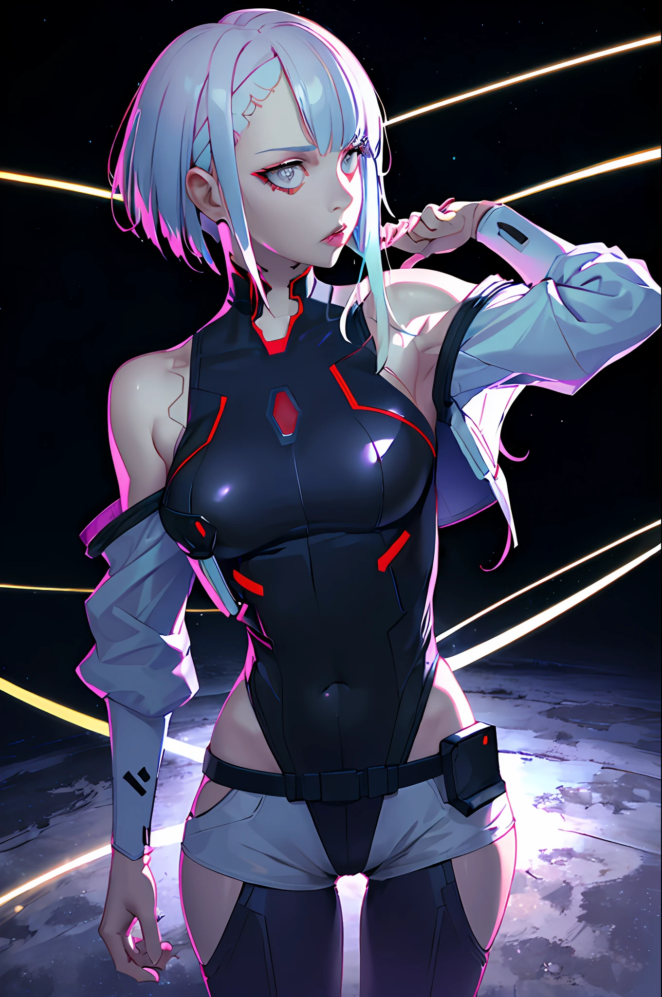 (8k, RAW photo, best quality, masterpiece:1.2), (realistic, photo-realistic:1.37),cyber city
lucy \(cyberpunk\), 1girl, arm up, asymmetrical hair, belt, bodysuit, covered mouth, covered navel, detached sleeves, grey eyes, hip vent, holding, holding weapon, looking at viewer, night, night sky, pouch, short hair, sky, solo, weapon, white hair, wire, short shorts, shorts, open jacket,close-up, straight on,  (incredible absurdity), (detailed light),lighting, colorful, layered around, (stars background),delicate background, (shine),arm around back,