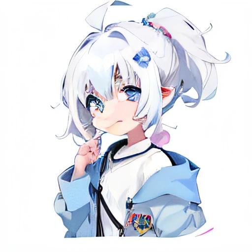 cartoon drawing of a girl with a ponytail and a blue jacket, smol, cute character, neferpitou, shikamimi, white haired, she has a cute expressive face, with index finger, girl with white hair, white haired deity, telegram sticker, [[[[grinning evily]]]], anime moe artstyle, nyaruko-san