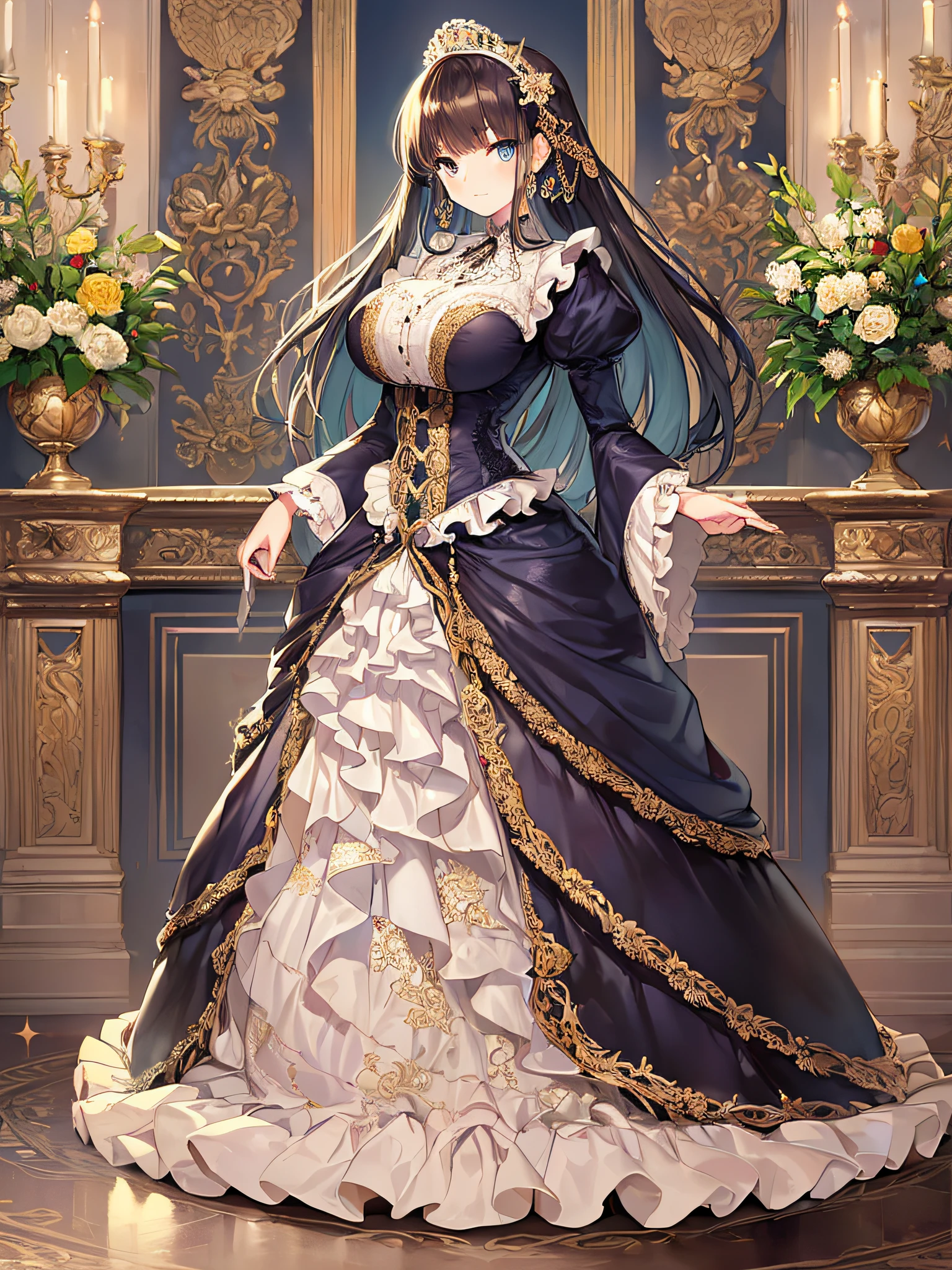 ((anime artstyle)),(Masterpiece),(Best Quality), (Super Detail),((Very Delicate and Beautiful)),((Solo)),((full body)),((1 princess in gorgeousfull victorian dress)),many ruffles,detailed face and eyes,jewel-like eyes,((voluminous Very Long Straight Hair)),((gorgeousfull embroidery and lace)),gorgeous corsage,See-through,gorgeousfull hair ornament,gorgeousfull glitter jeweled tiara,ornate ruffles,((gigantic breasts,Long breasts)),skindentation,((full body)),((hoop skirt,crinoline)),standing pose,Dynamic Angle,Looking at viewer,royal victorian palace,(((gorgeous embroidery gorgeousfull victorian dress)),full body