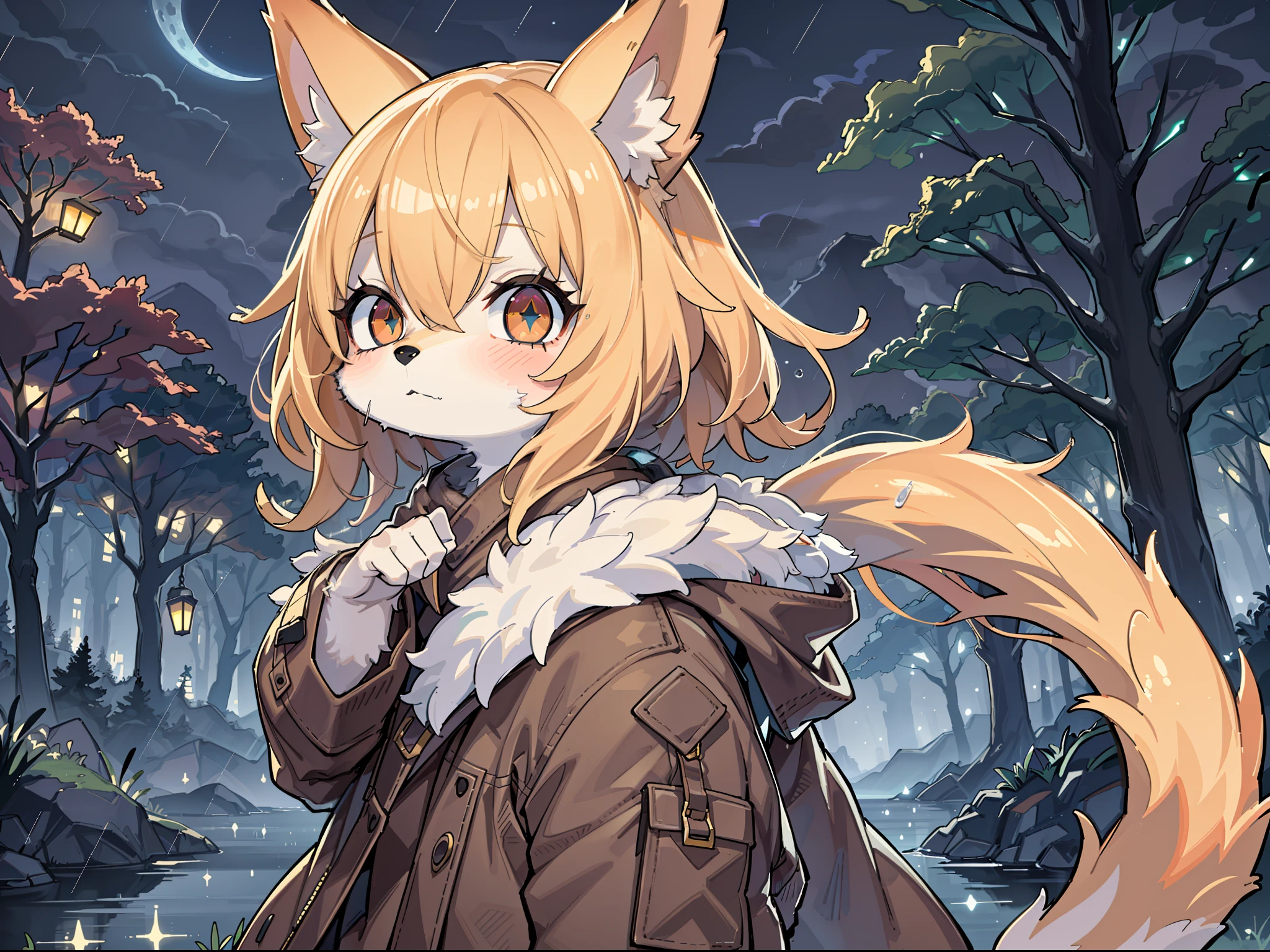 Shota the fox,hairy pubic,shaggy,Skin fur,Golden fur,Golden yellow face fur,Short straight blonde hair,Eyes have light,Red eyes,Brown elements on fur,Brown coat brown hood up,Star pattern white top,brown shorts,Beautiful lights and shadows,Ambient light,Ultra-fine fur,volumettic light,natural lightting,Fluffy tail,No Man, Lake, montage, dark scenery, rain,lichen,There is no other life,Night,starrysky,Vast landscape,crossed bangs, Hairline, Shiny hair, lone nape hair, ,Dilated pupils,Sleepy,(moon full:1.2),(meteors:0.9),(Starcloud:1.3)(Warm light source:1.2),Rained,wetclothes, (overcast sky, Standing downpour:1.1), Extra-long sleeves, Purple and orange,Complicated details,Volumetriclighting,Realist breakthrough(tmasterpiece:1.2)(best qualtiy),4K,Ultra-delicate,(Dynamic configuration:1.4),Highly detailed and colorful details,(Irridescent color :1.2),(luminouslighting,Atmospheric lighting),dream magical,magic,(独奏:1.2)Glowing light,Empty eyes ,Alone, Lonely