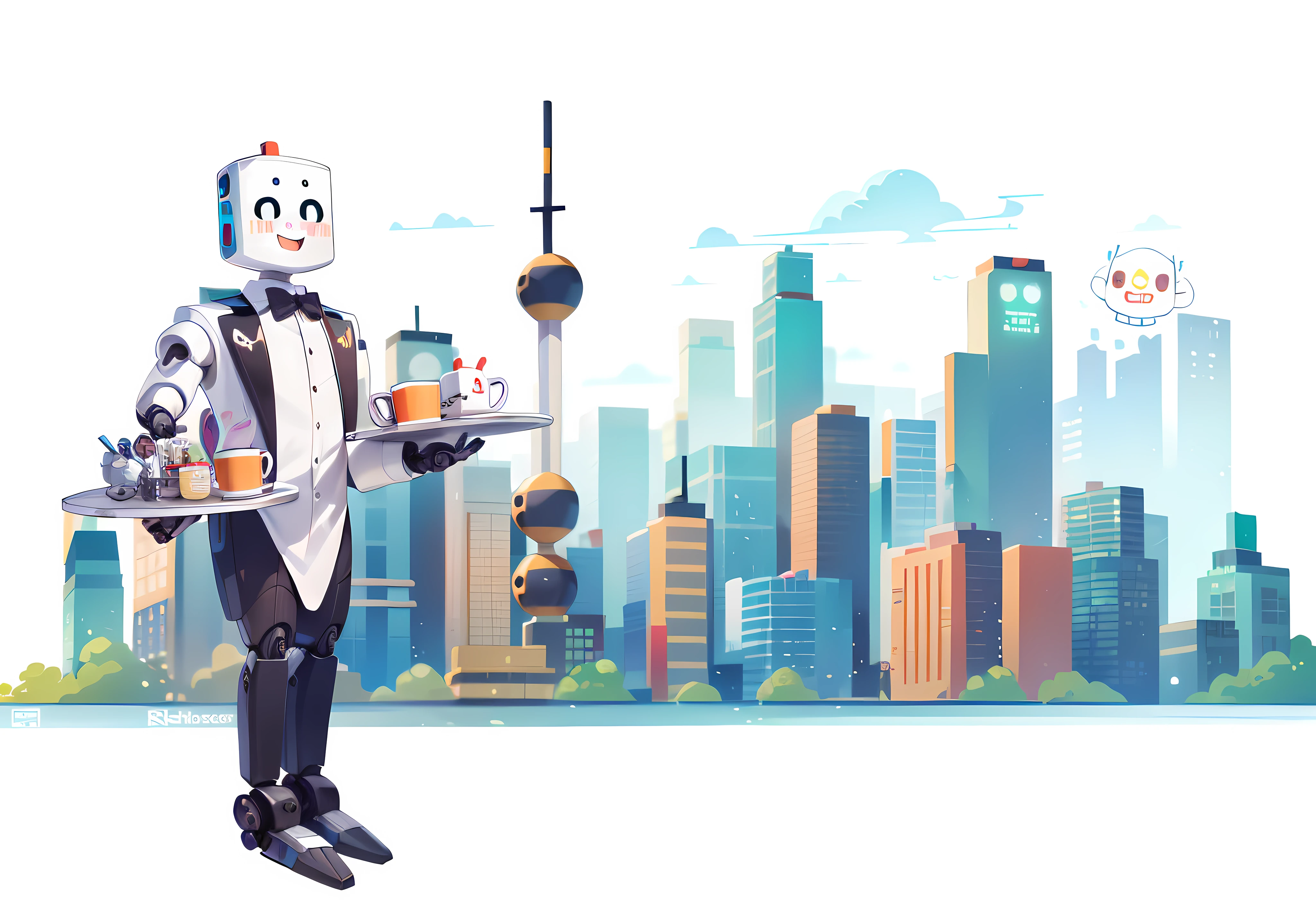 (best quality:1.4),cartoon style,happy style,Suitable for -years,(ros appearance is very cute:1.4),
(a robot:1.2),(wearing a tuxedo:1.2),tray,coffee mug,White towel,Looks like a butler,
Pure white background,city background,Normal human body structure,(Simple design:1.1),(simple composition:1.1),