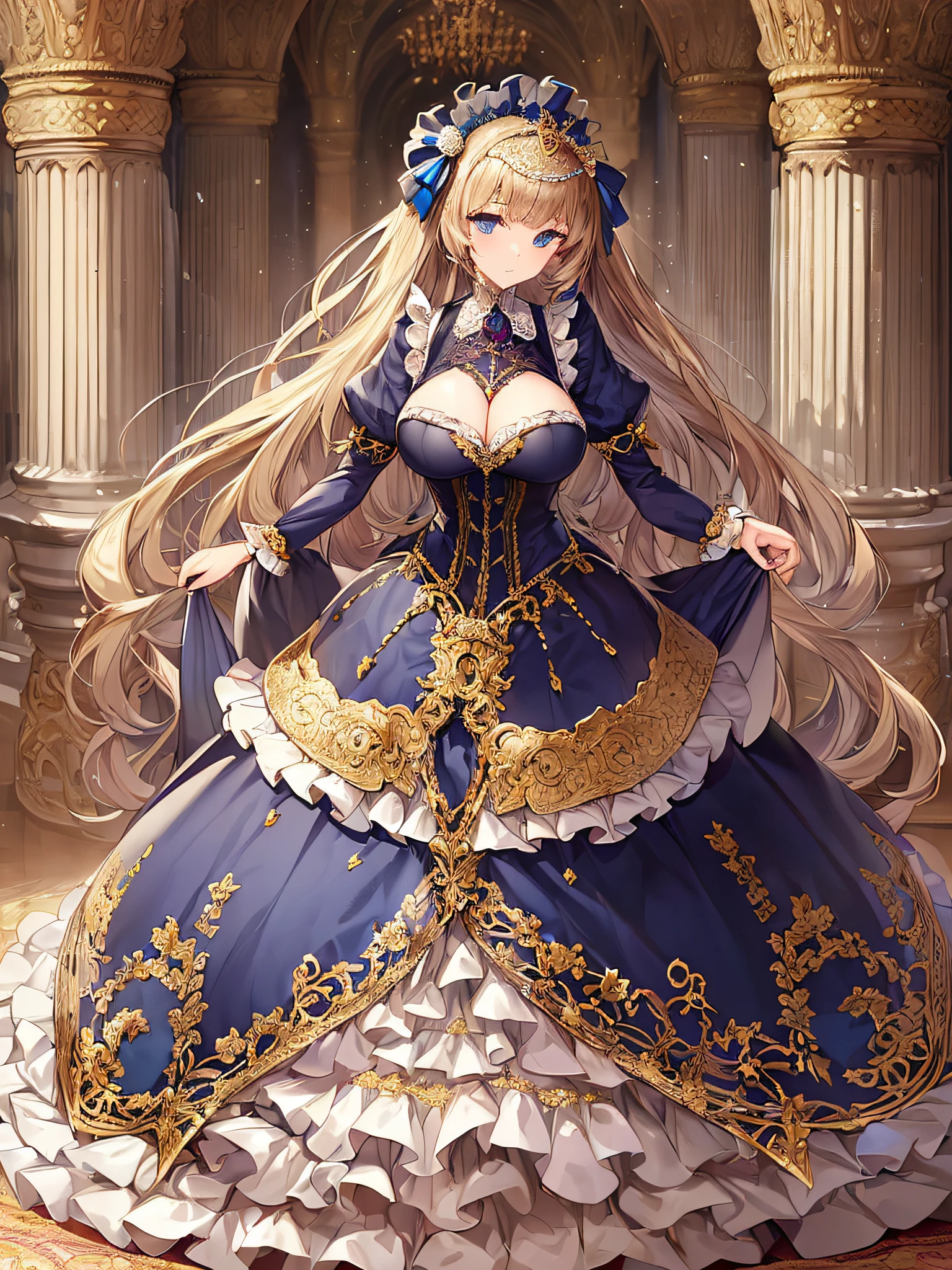 ((anime artstyle)),(Masterpiece),(Best Quality), (Super Detail),((Very Delicate and Beautiful)),((Solo)),((full body)),((1 princess in gorgeousfull victorian dress)),many ruffles,detailed face and eyes,jewel-like eyes,((voluminous Very Long Straight Hair)),((gorgeousfull embroidery and lace)),gorgeous corsage,See-through,gorgeousfull hair ornament,gorgeousfull glitter jeweled tiara,ornate ruffles,((gigantic breasts,Long breasts)),skindentation,((full body)),((hoop skirt,crinoline)),standing pose,Dynamic Angle,Looking at viewer,royal victorian palace,(((gorgeous embroidery gorgeousfull victorian dress)),full body