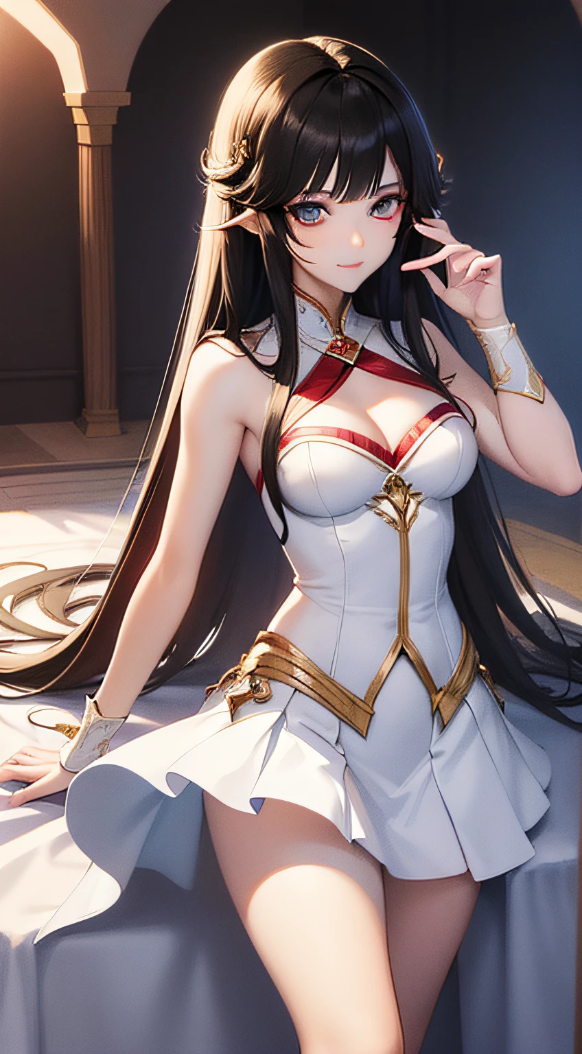(realisticlying:1.4),(tmasterpiece,Dim light on the side,Fine beautiful eyes:1.2),tmasterpiece*sportrait,photorealestic,3D脸,Stelle\(Horn Star Orbit\),1girll,asiagirl,White shirt,red micro skirt,kosmos,orbiting,By bangs,Be red in the face,is shy,lewd eyes,Black hair,Medium-hair long,looking at viewert,wheezing,mediuml breasts