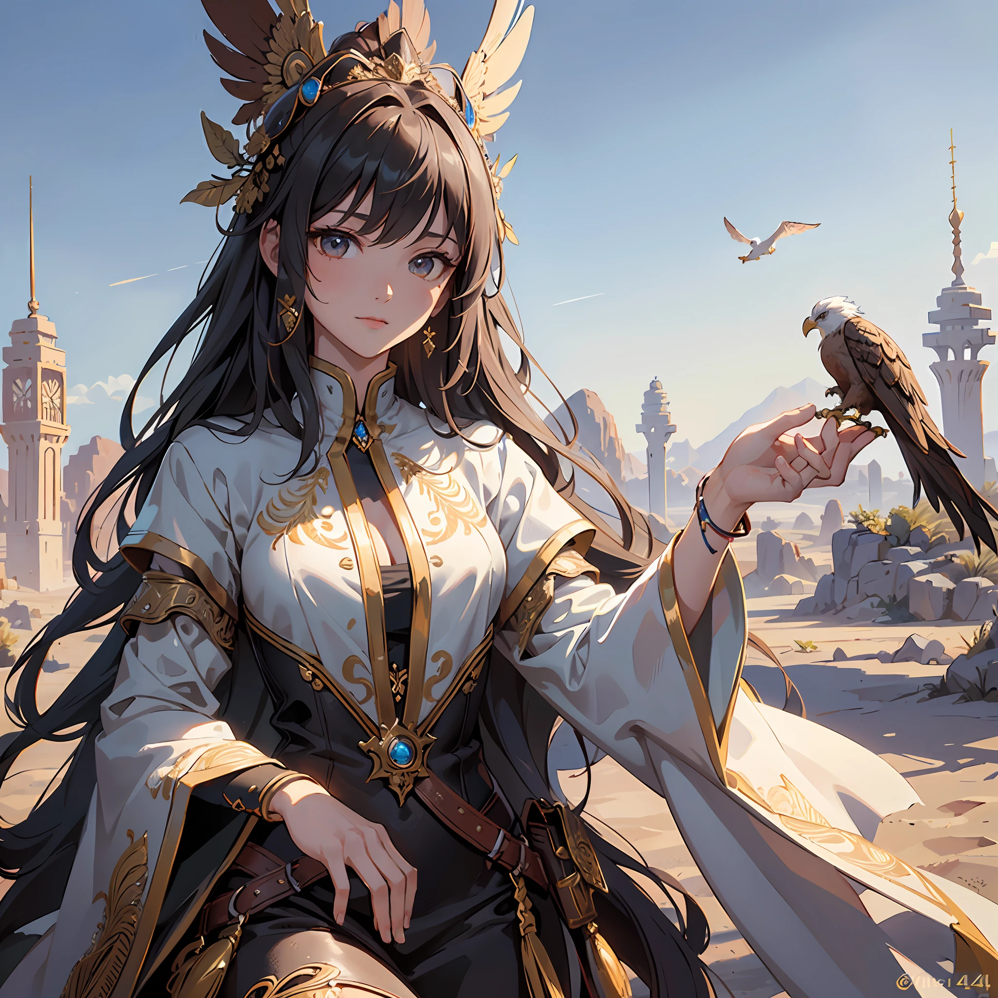 high details, best quality, 8k, [ultra detailed], masterpiece, best quality, (extremely detailed), dynamic angle, ultra wide shot, RAW, photorealistic, fantasy art, beautiful female human druid her eagle in an oasis in the desert, female human (1.4 intricate details, Masterpiece, best quality) epic fantasy human druid (1.4 intricate details, Masterpiece, best quality) epic flying eagle (1.6 intricate details, Masterpiece, best quality), full human body, [[anatomically correct]]. dynamic position (1.5 intricate details, Masterpiece, best quality) flying gold eagle (1.6 intricate details, Masterpiece, best quality) in desert background (1.5 intricate details, Masterpiece, best quality), a human female wearing leather clothes, desert clothing, holy symbol (1.4 intricate details, Masterpiece, best quality), leather boots, thick hair, long hair, dark hair, tan skin intense eyes, desert background (intense details), an oasis in the background palm trees and small spring(1.4 intricate details, Masterpiece, best quality), divine light, god light (1.4 intricate details, Masterpiece, best quality), high details, best quality, highres, ultra wide angle