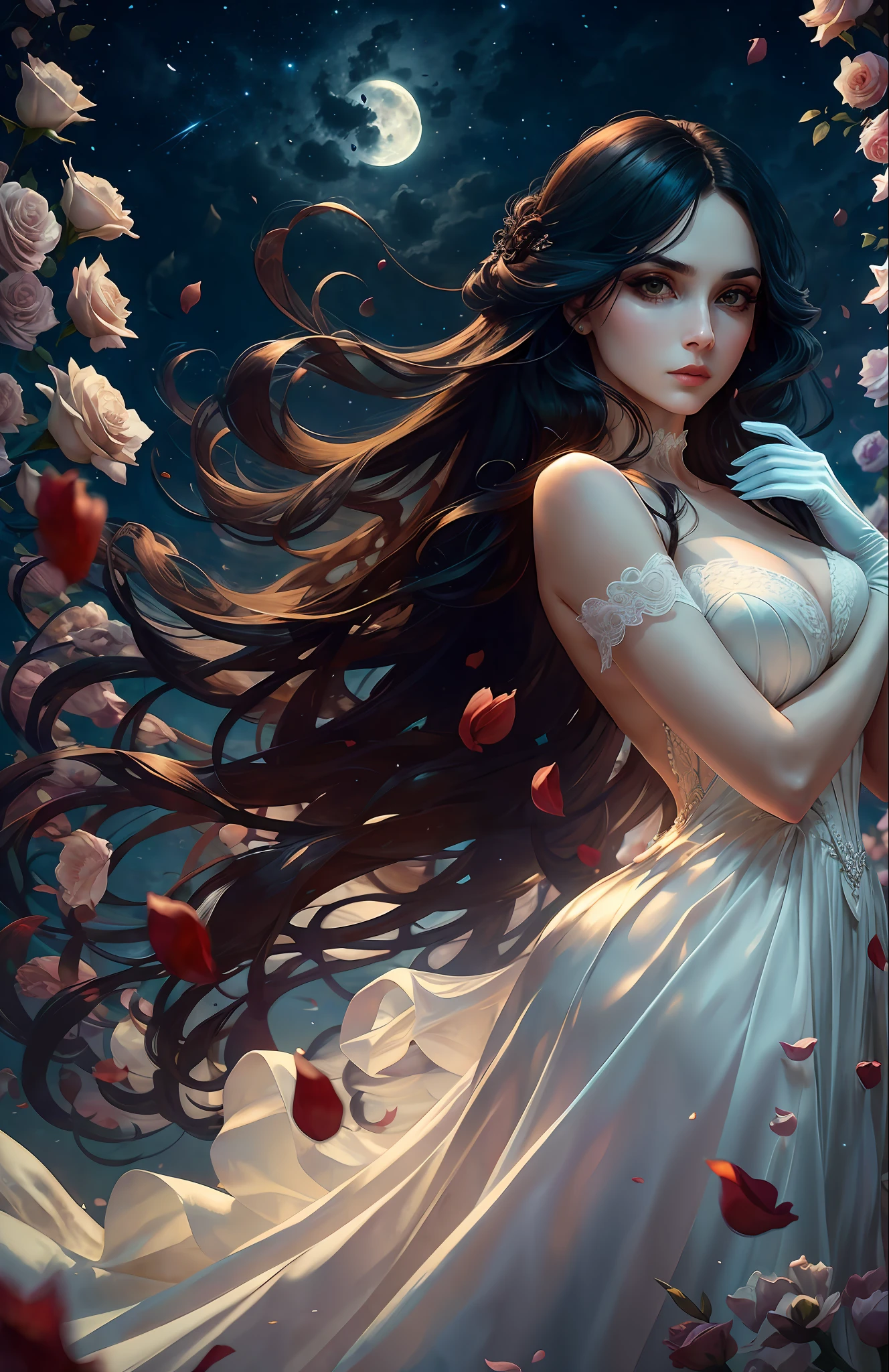 action movie, elegant pose,The Lady of Shadows, a handsome female, big black eyes, Sad look, scarlet lips, pale skin, Long black hair, fluttering in the wind, dark dress with lace in baroque style, Elegant white gloves on your hands, Elegant jewelry on clothes and hair, Standing on a field of roses, night time, night  sky, Huge bright moon, Cold moonlight, Eyes of detail, hiquality, Masterpiece