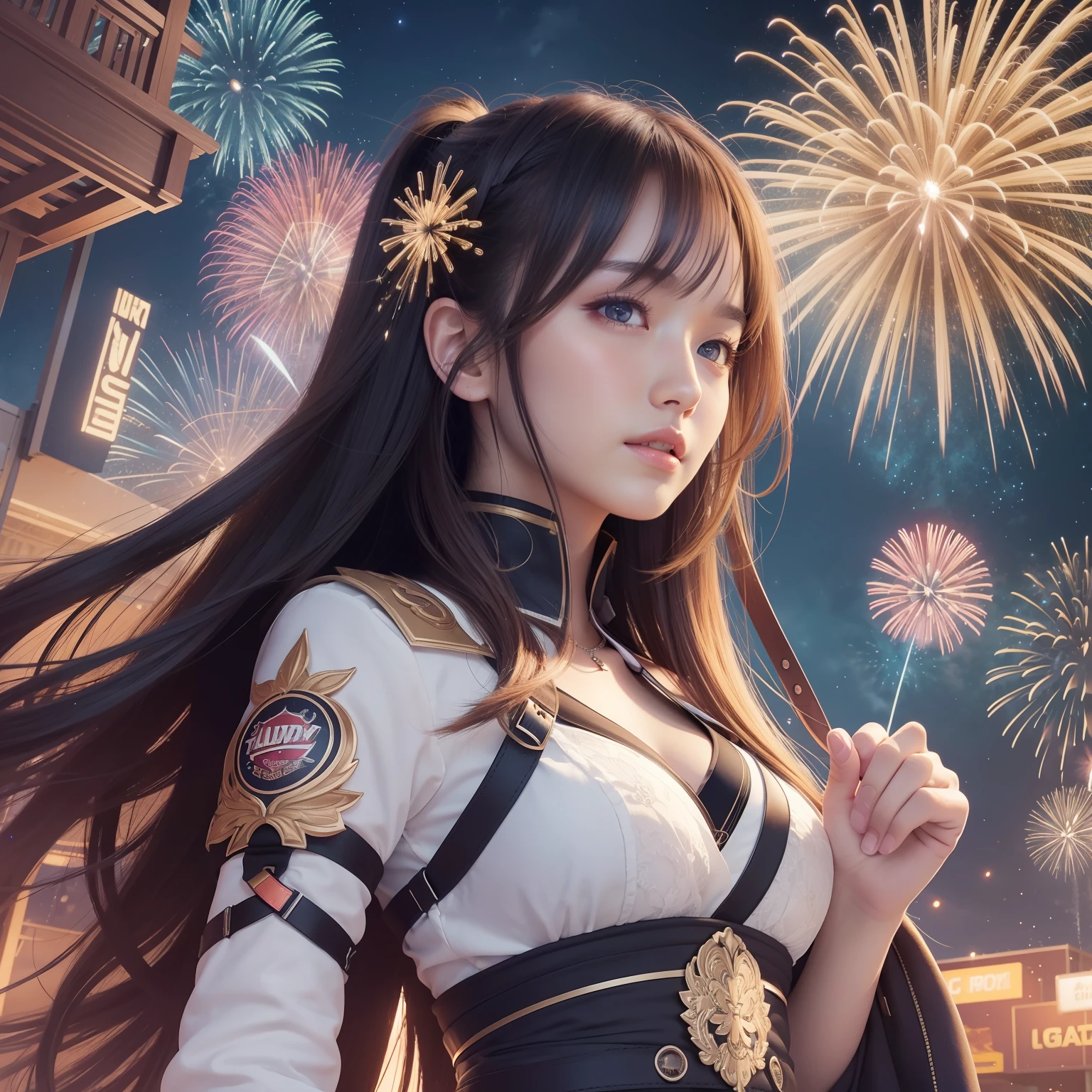 High quality CG illustrations、Beautiful fine details in high resolution、nigh sky、Lots of fireworks、colourfull