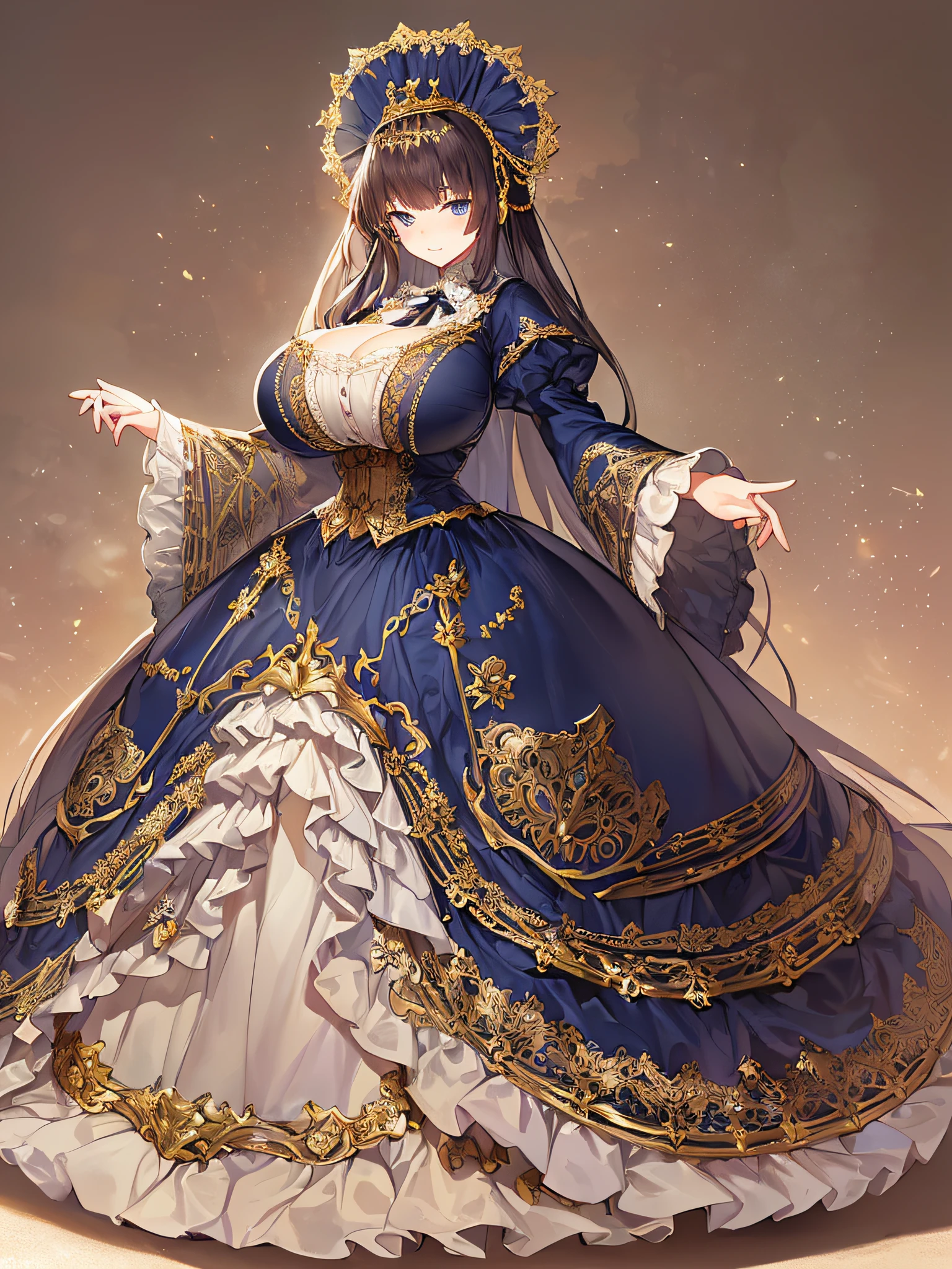 ((anime artstyle)),(Masterpiece),(Best Quality), (Super Detail),((Very Delicate and Beautiful)),((Solo)),((full body)),((1 princess in gorgeousfull victorian dress)),many ruffles,detailed face and eyes,jewel-like eyes,((voluminous Very Long Straight Hair)),((gorgeousfull embroidery and lace)),gorgeous corsage,See-through,gorgeousfull hair ornament,gorgeousfull glitter jeweled tiara,ornate ruffles,((gigantic breasts,Long breasts)),skindentation,((full body)),((hoop skirt,crinoline)),standing pose,Dynamic Angle,Looking at viewer,royal victorian palace,(((gorgeous embroidery gorgeousfull victorian dress)),full body