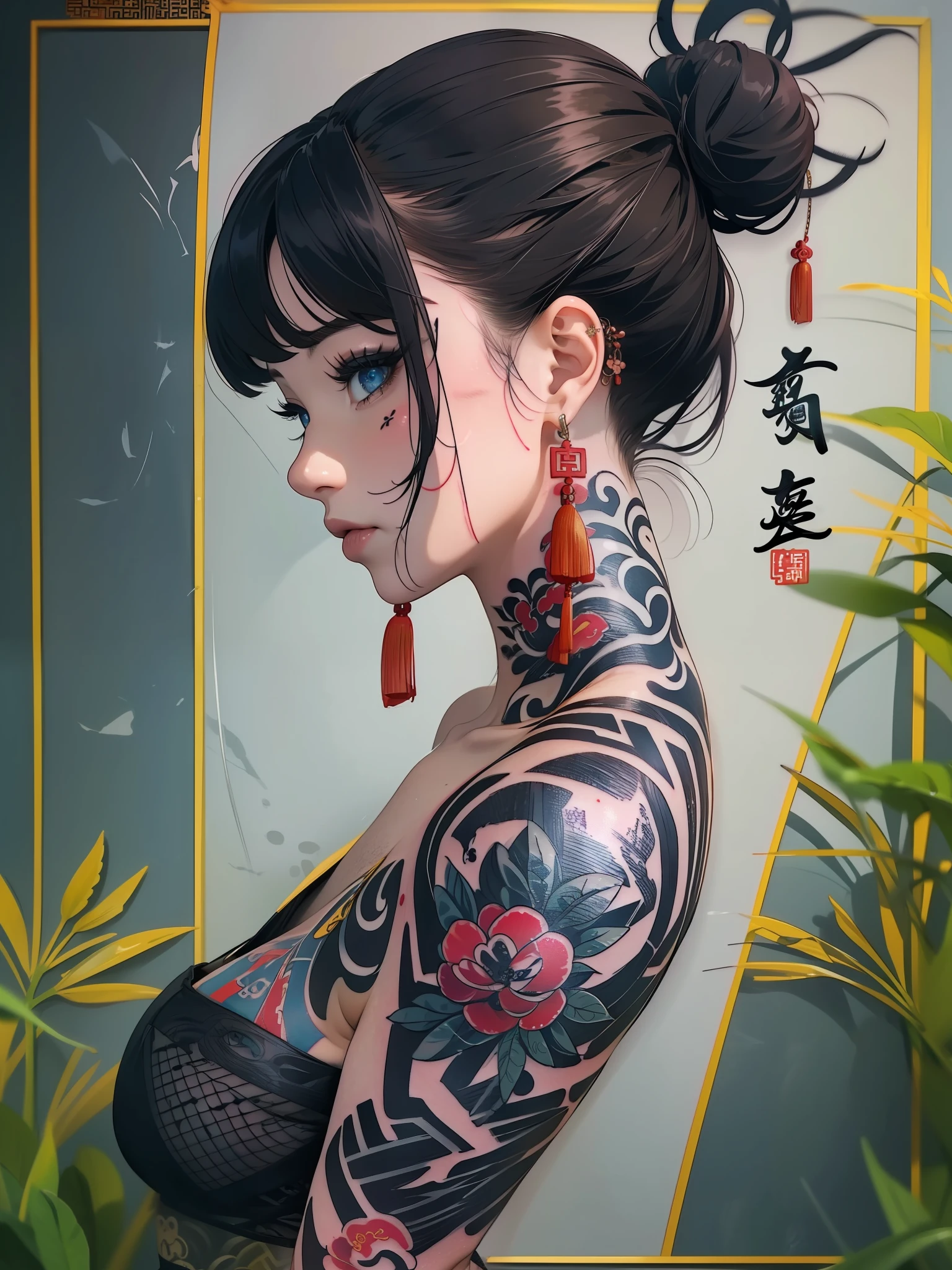 (masterpiece best quality:1.4),1girl, (tattoo of chinese text:1.5), solo, hair flowers, long hair, blue eyes, looking at viewer, medium breast, tattoo, black hair, tassel, bare shoulders, mecha, bangs, upper body, earrings, indoors, nape, off shoulder, jewelry, eyelashes, lips, profile, hair bun, piercing, single hair bun,