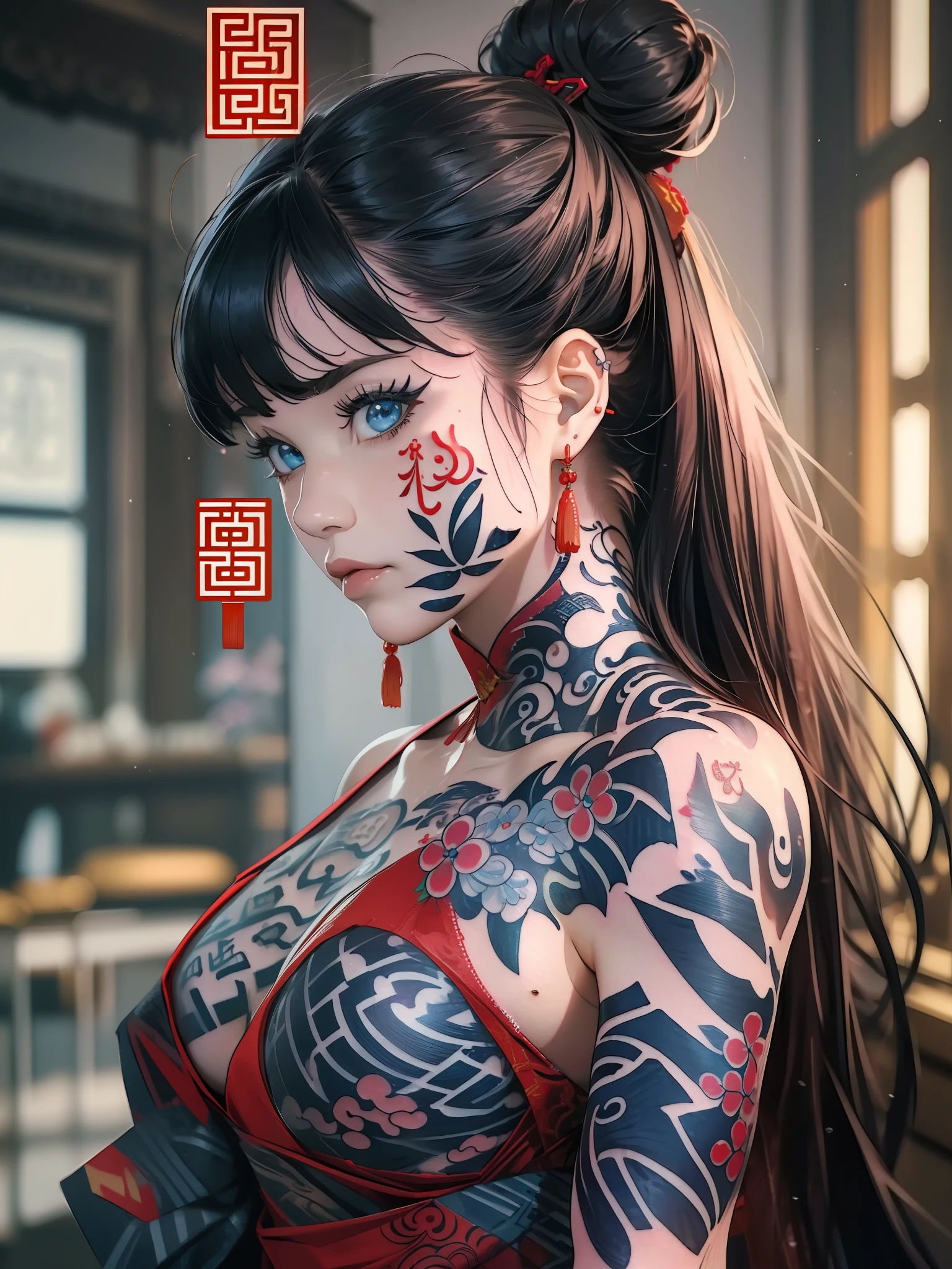 (masterpiece best quality:1.4),1girl, (tattoo of chinese text:1.5), solo, hair flowers, long hair, blue eyes, looking at viewer, medium breast, tattoo, black hair, tassel, bare shoulders, mecha, bangs, upper body, earrings, indoors, nape, off shoulder, jewelry, eyelashes, lips, profile, hair bun, piercing, single hair bun,