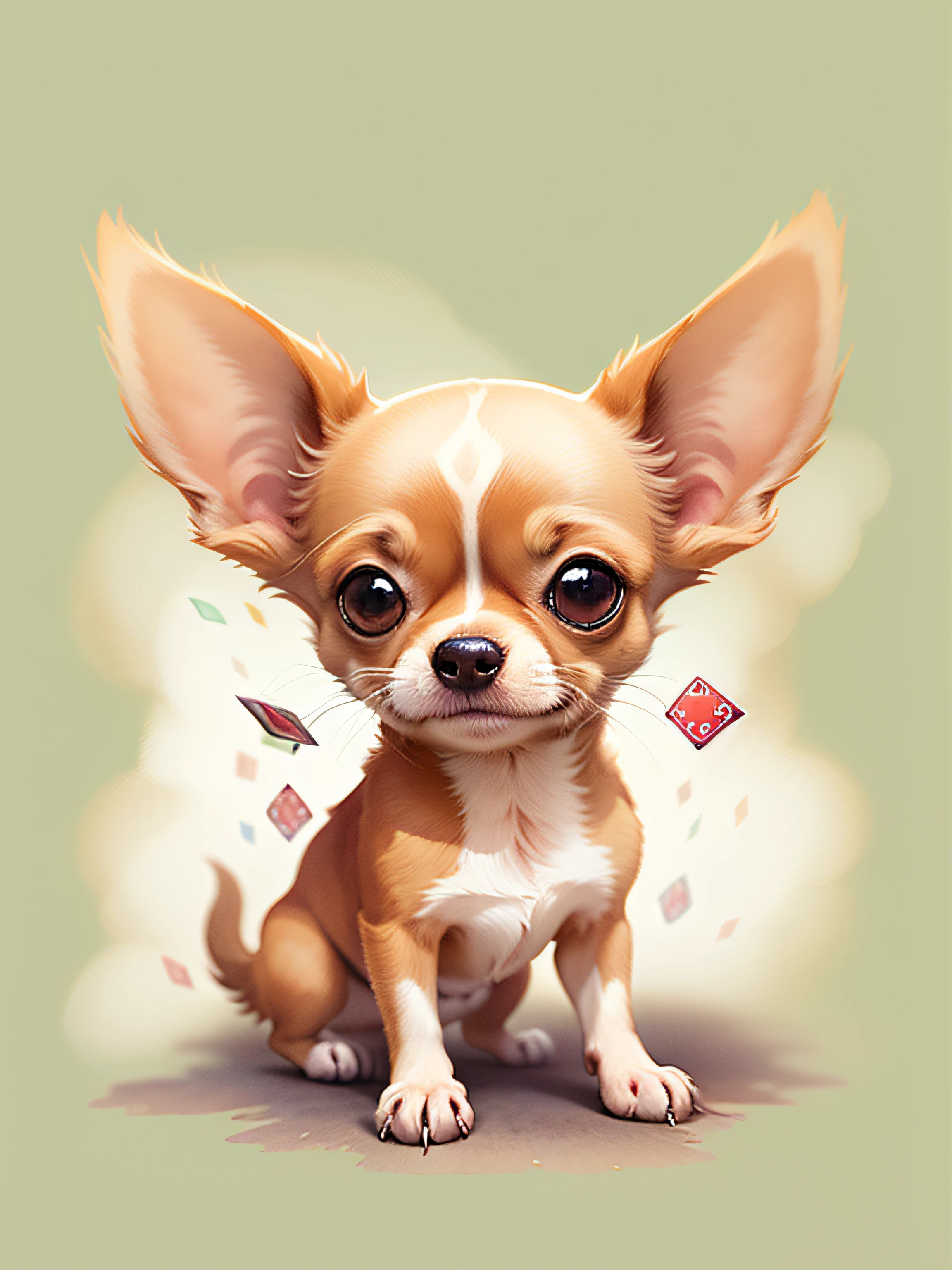 all Brown chihuahua looking adorable playing Magic, Realistic illustration, concept art, 2d flat vector, comic style, charming, watercolor effect, Adobe Illustrator, hand-drawn, zoom out, white background, centered, full body framed in, approaching perfection, dynamic, highly detailed, smooth, illustration style