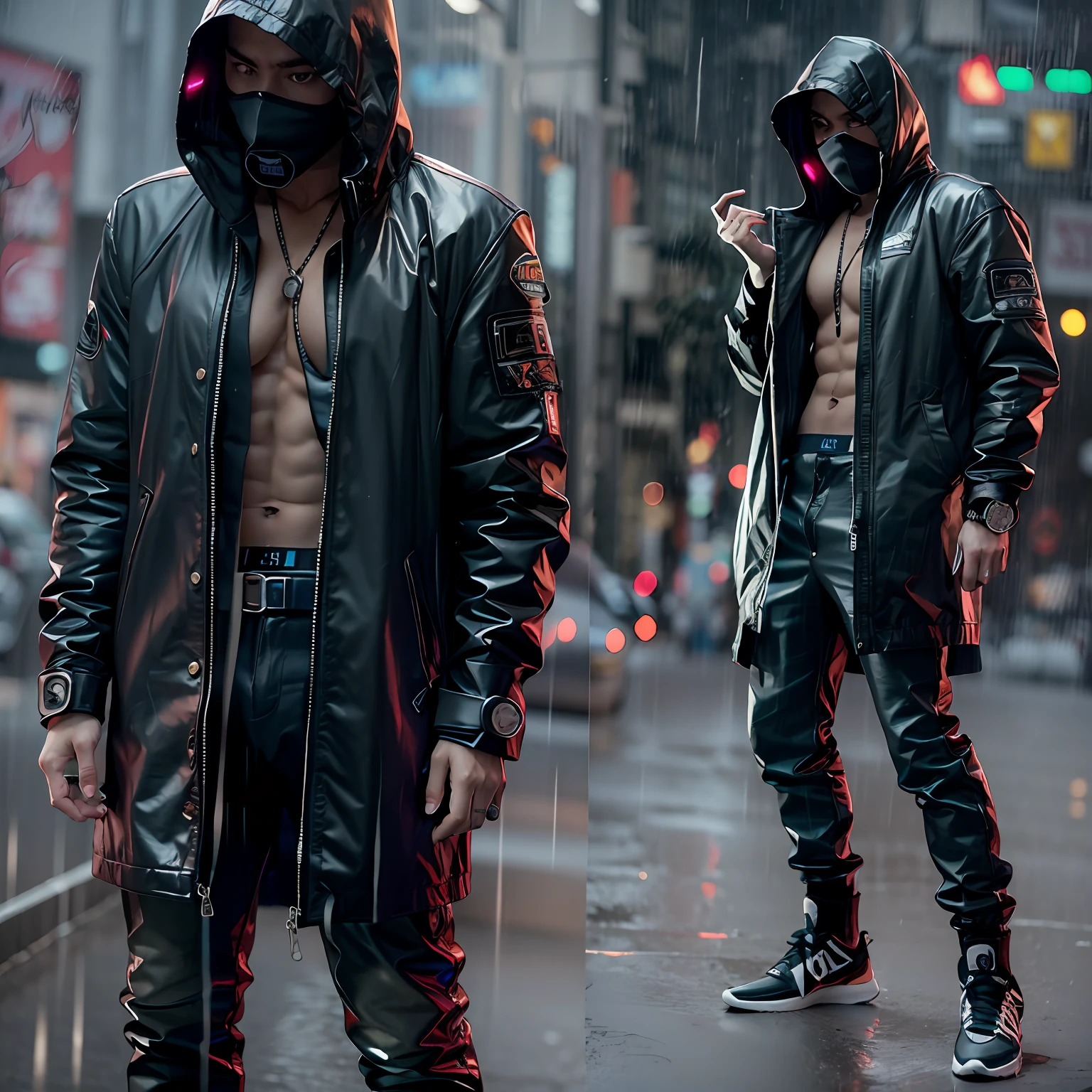Cool man:(8K realism,Street hop style,Ten-pack abs,Freeze freezes,Cyberpunk coat,Vixen mask,Cyberpunk bracelet,rained,deep dark background)
