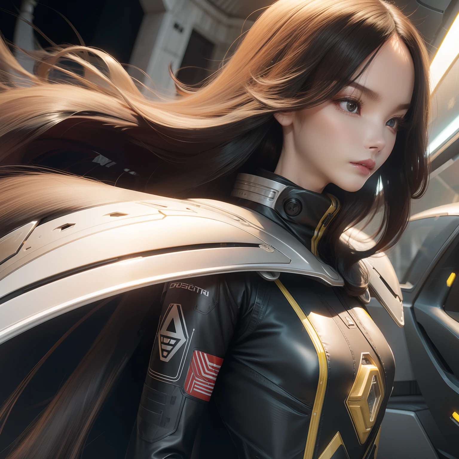1girl，Long black hair，pronounced feminine features，plumw，being thin，Medium blonde hair，white skinned，background of futur，Doomsday environment，k hd，Delicate