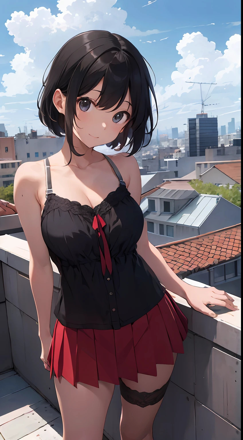 A high resolution，ultra - detailed，（1girll：1.3），（Large breasts 1.5），（Cute fan lingerie 1.5），（ultra short skirt 1.5）Create a rooftop view in an urban setting，Features panoramic city views