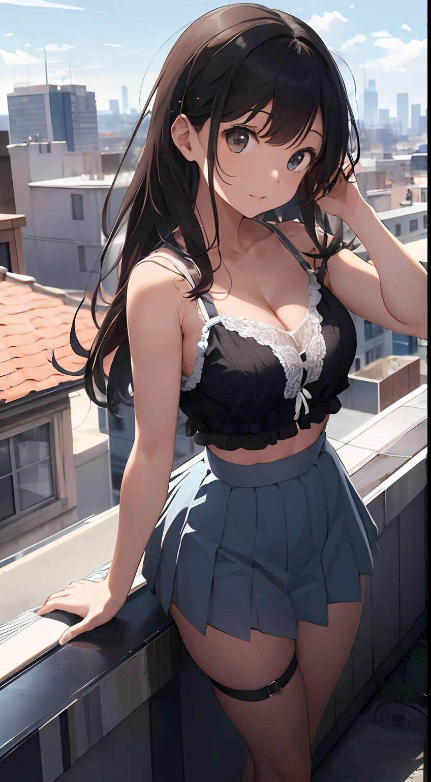 A high resolution，ultra - detailed，（1girll：1.3），（Large breasts 1.5），（Cute fan lingerie 1.5），（ultra short skirt 1.5）Create a rooftop view in an urban setting，Features panoramic city views