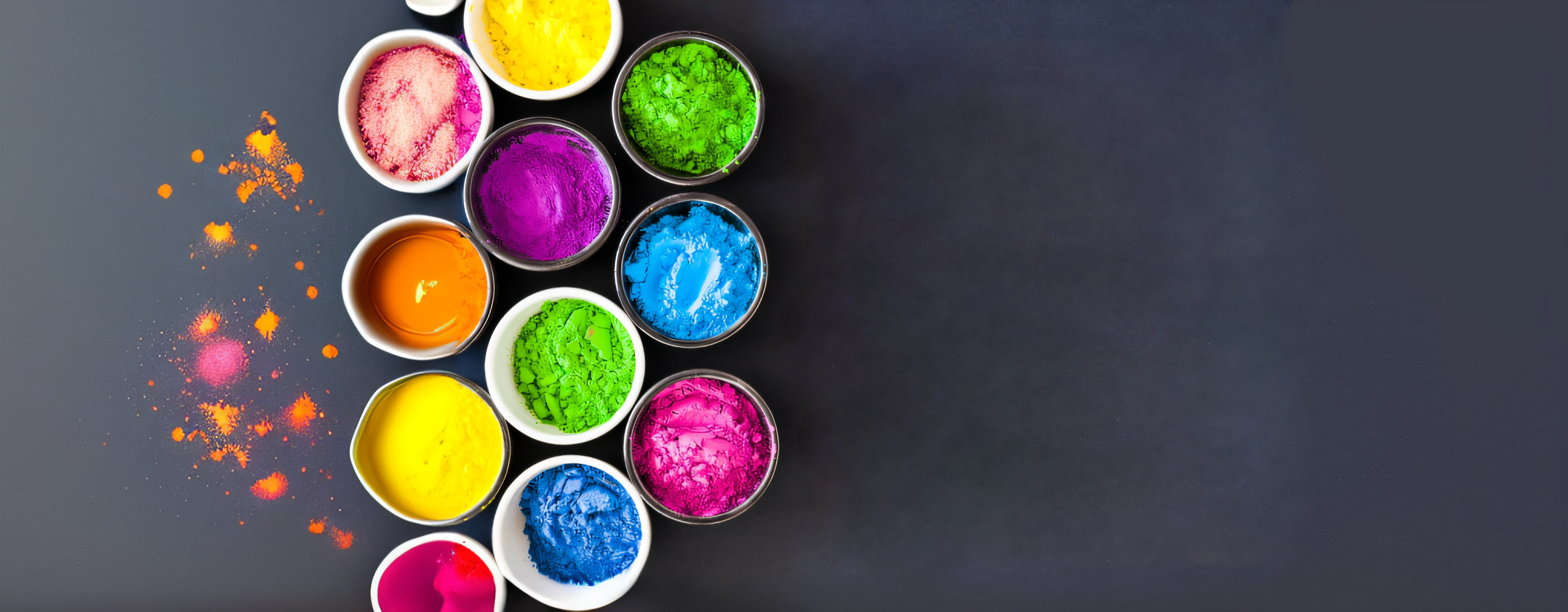 a closeup of a group of bowls of colored powder, vibrant powder paints, pigmentos de cor espalhados no ar, tinta colorida, tinta colorida, cores coloridas, colorful sparkling magic powder, cores insaturadas, Festival Holi de Cores Ricas, Acid-rich colors, cores coloridas brilhantes, cores altamente saturadas, Coloridos, multiple colors, colorido, Tintas, cores de tinta fosca