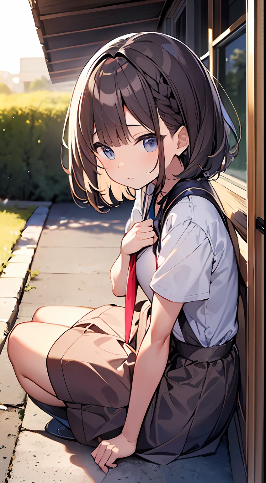 (top-quality、32K image quality、masterpiece、nffsw:1.2)、a cute loli、Medium short hair、short braiding、beauitful face、Ultra-detailed details、(Slouched:1.3)、at the sunset、crouching down、(From above:1.3)、(a closeup:1.4)、small curvy loli、((You can see the chest))、Bust Up Perspective、Loose baggy big shirt、(beautiful nipple slips:0.9)、outside of house、the wind、shinny skin、blurry backround