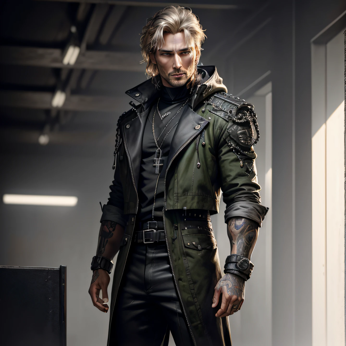 (extremely detailed CG unity 8k wallpaper), (full body angle:1.1),  (detailed face:1.2)  handsome, film photograph, f1.6 lens, hyper realistic, lifelike texture, villain, cyborg, evil, dynamic lighting, 20 years old,  randy orton, Mads Mikkelsen (male) bangs,elegant, military army, cyberpunk,  long messy hair, black hair  jawline,  chains all over his body, long black jacket,  , piercings, scar in the face, light green eyes, tattoos, airbrush panting by Ed Blinkey, Atey Ghailan, hirohiko araki,  Jeremy Mann, Greg Manchess, Alex Gray, (photorealistic:1.4), [:(detailed face:1.2):0.2] (detailed clothes features) (best quality:1.4),ultra high res, HDR,8k resolution , intricate, high detail, sharp focus, dramatic, octane render,  manga-looking character design