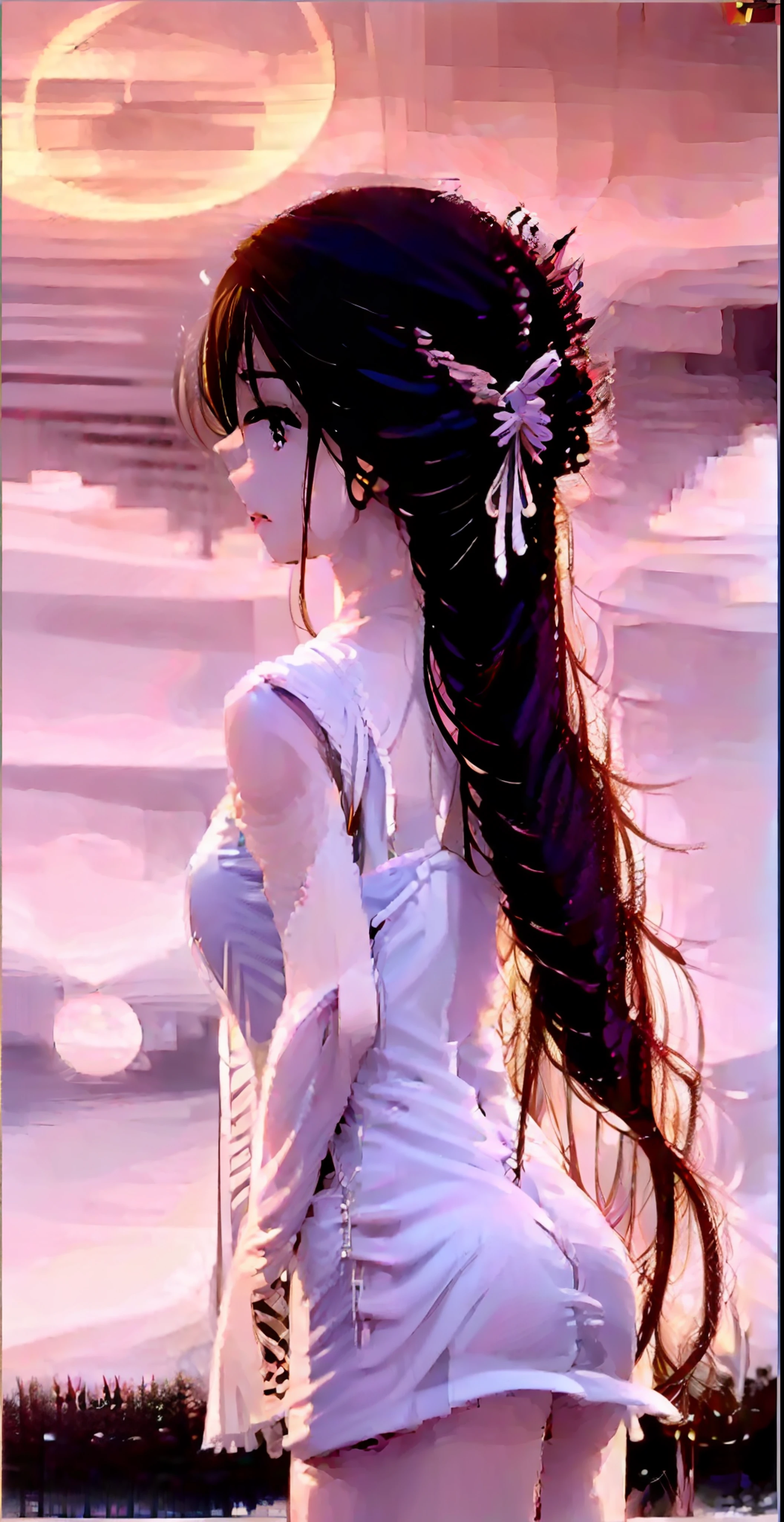 best qualtiy,超高分辨率,1girll,white camisole,Short white dress,cute beautiful,Female pervert,The look of long pink hair in front of the audience,full bodyesbian,facing the front there