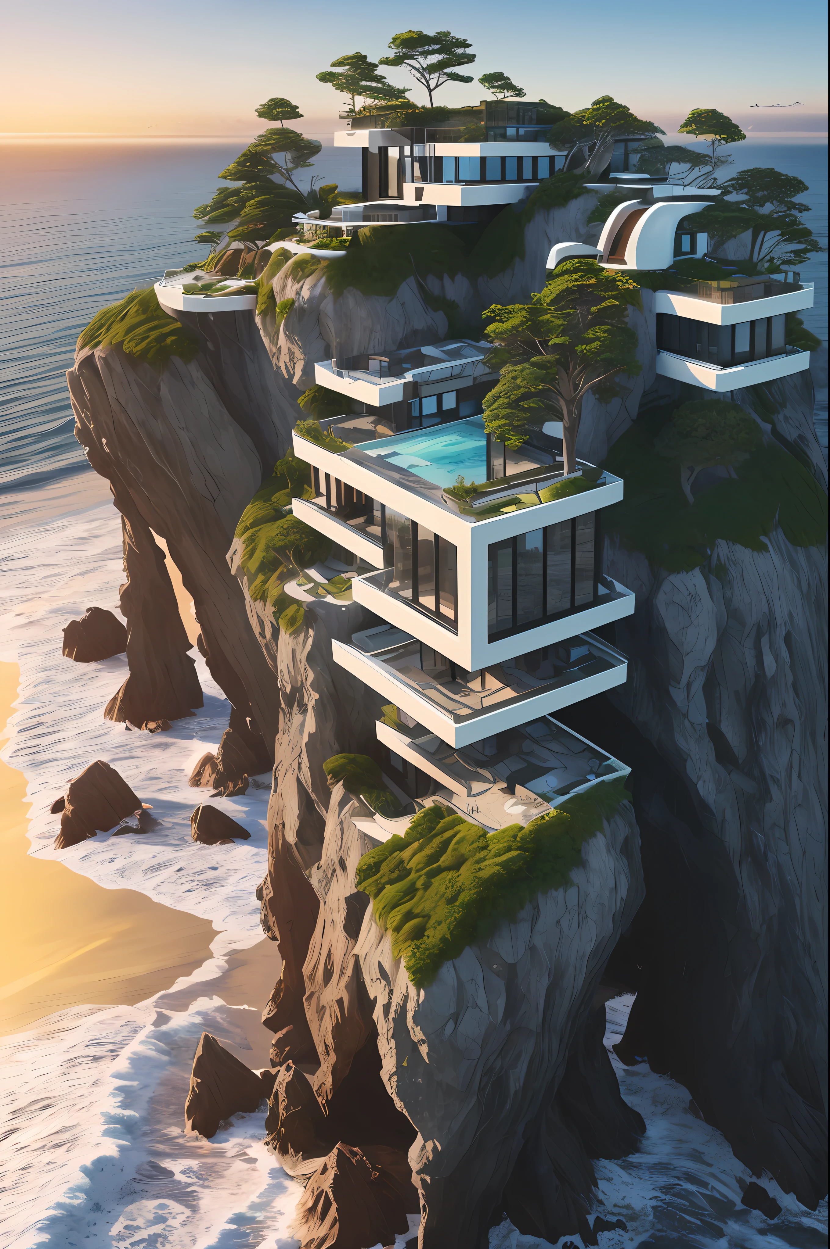 Modern architecture, modern luxury residence, on cliff, sea, trees, rocks, sky, cloud, wind, sunset, realistic, futuristic, (8K, masterpiece), (high quality), (best quality), (extremely full detailed),