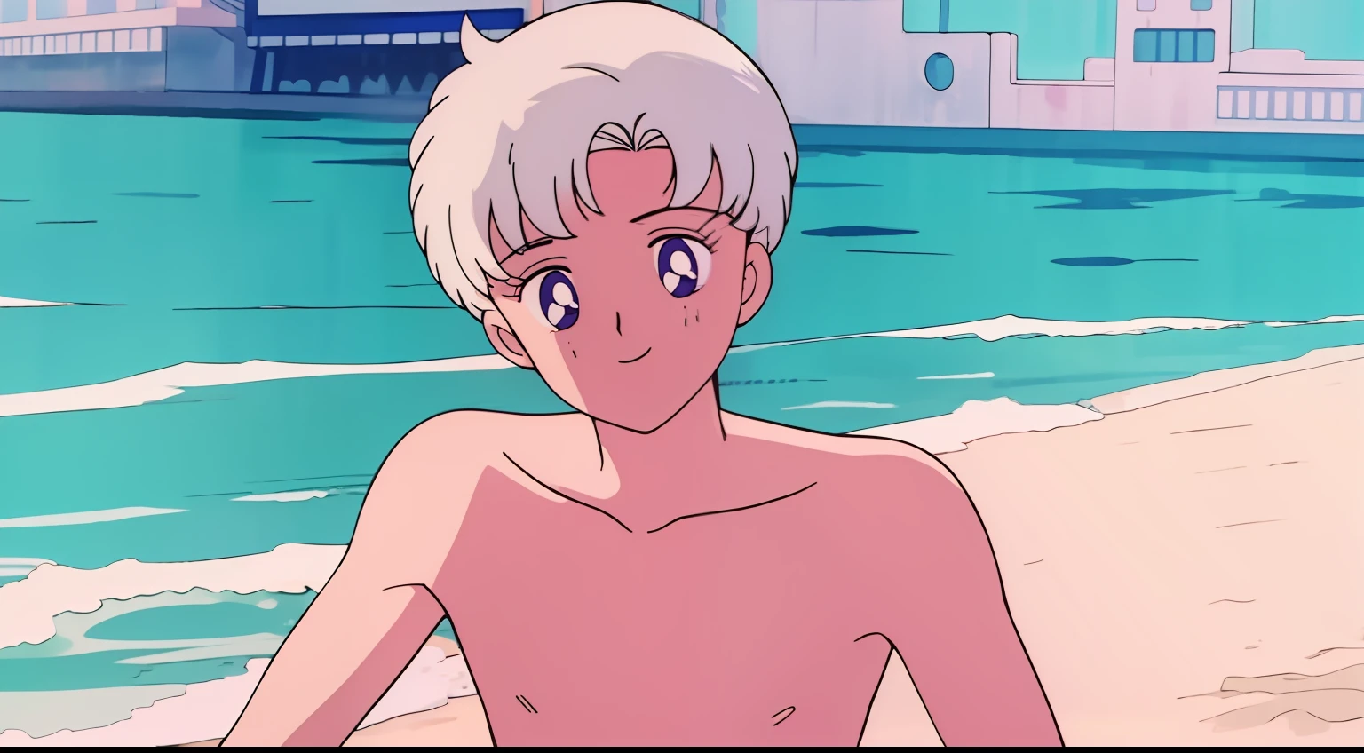 1boy，White color hair，pony tails，beachside，ssmile，swim wears，No bra