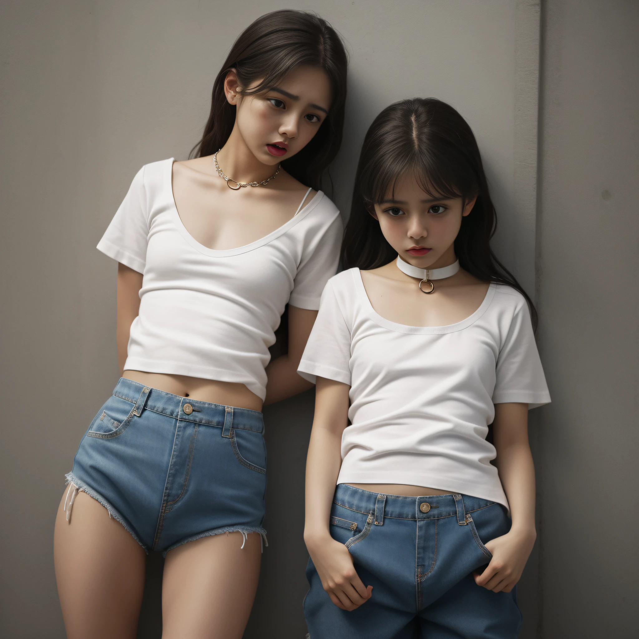 masterpiece, highest quality, 2girls, ((latinas)), two sisters, ite bodies, ((small breasts)), scared, innocent, crying, sad, cute, (white top), ((metal panties)), prison background, collar, restraints