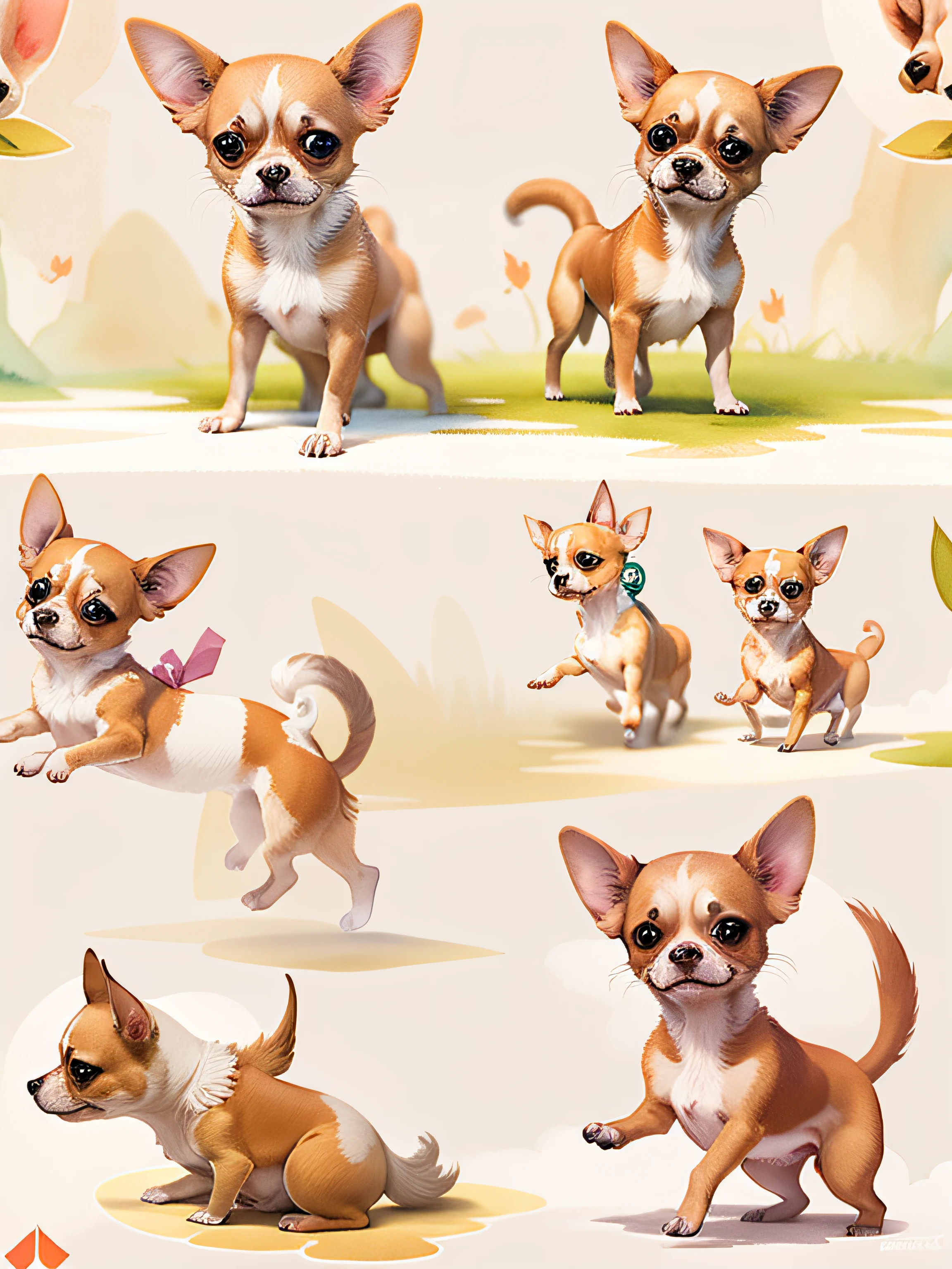 all Brown chihuahua looking adorable playing Magic, Realistic illustration, concept art, 2d flat vector, comic style, charming, watercolor effect, Adobe Illustrator, hand-drawn, zoom out, white background, centered, full body framed in, approaching perfection, dynamic, highly detailed, smooth, illustration style