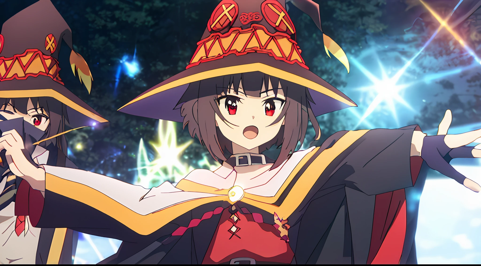 ((best quality)), ((masterpiece)), (detailed), ultra detailed, 1girl, solo
stare, looking at viewer, (interview:1.3),
1girl, beam, belt, black_hair, brown_hair, cape, collar, convenient_censoring, diffraction_spikes, dress, eyebrows_visible_through_hair, fingerless_gloves, gloves, glowing, glowing_weapon, hat, holding, laser, lens_flare, light_censor, light_rays, looking_at_viewer, magic, megumin, open_mouth, red_dress, red_eyes, short_hair, small_breasts, solo, sparkle, sparks, staff, thighhighs, witch_hat