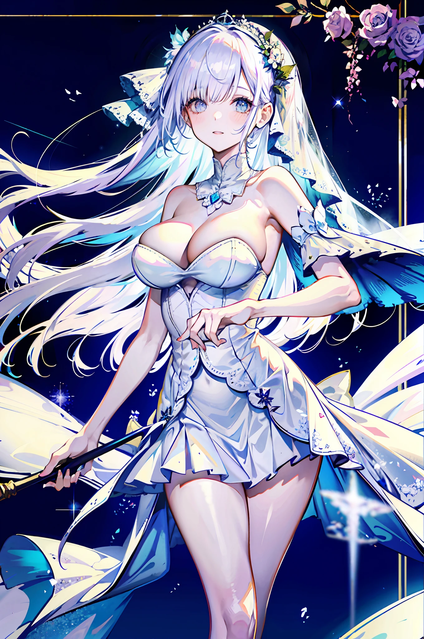 silber hair,butterflys,long whitr hair,white wedding gown,8k wallpaper,detailedbackground,Highest high resolution,deep v big breasts,Hair covers one eye,Bandeau wedding dress,chies,White rose,tight-fitting,chies,In the daytime,