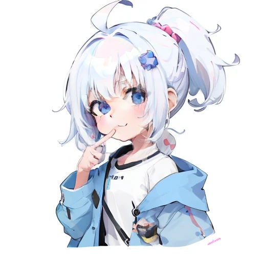 cartoon drawing of a girl with a ponytail and a blue jacket, smol, cute character, neferpitou, shikamimi, white haired, she has a cute expressive face, with index finger, girl with white hair, white haired deity, telegram sticker, [[[[grinning evily]]]], anime moe artstyle, nyaruko-san