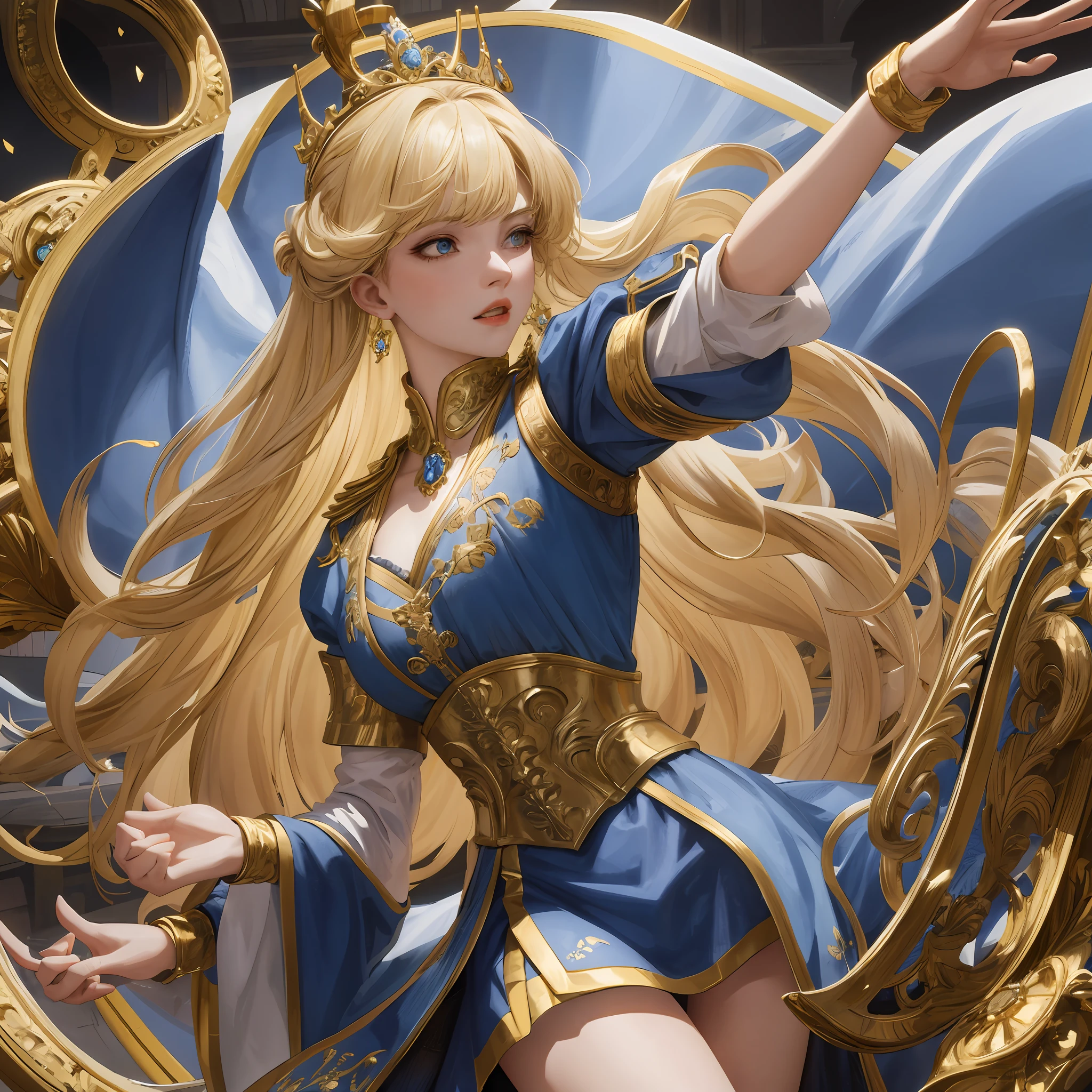 8k, the best quality, masterpiece, highly detailed, semi realistic, 1 girl, young female, 19 years old, with golden long hair and right eye covered by bangs, blue right eye, jewelry crown, palace style white and gold short skirts, slim figure, archery, holding a bow, archery,