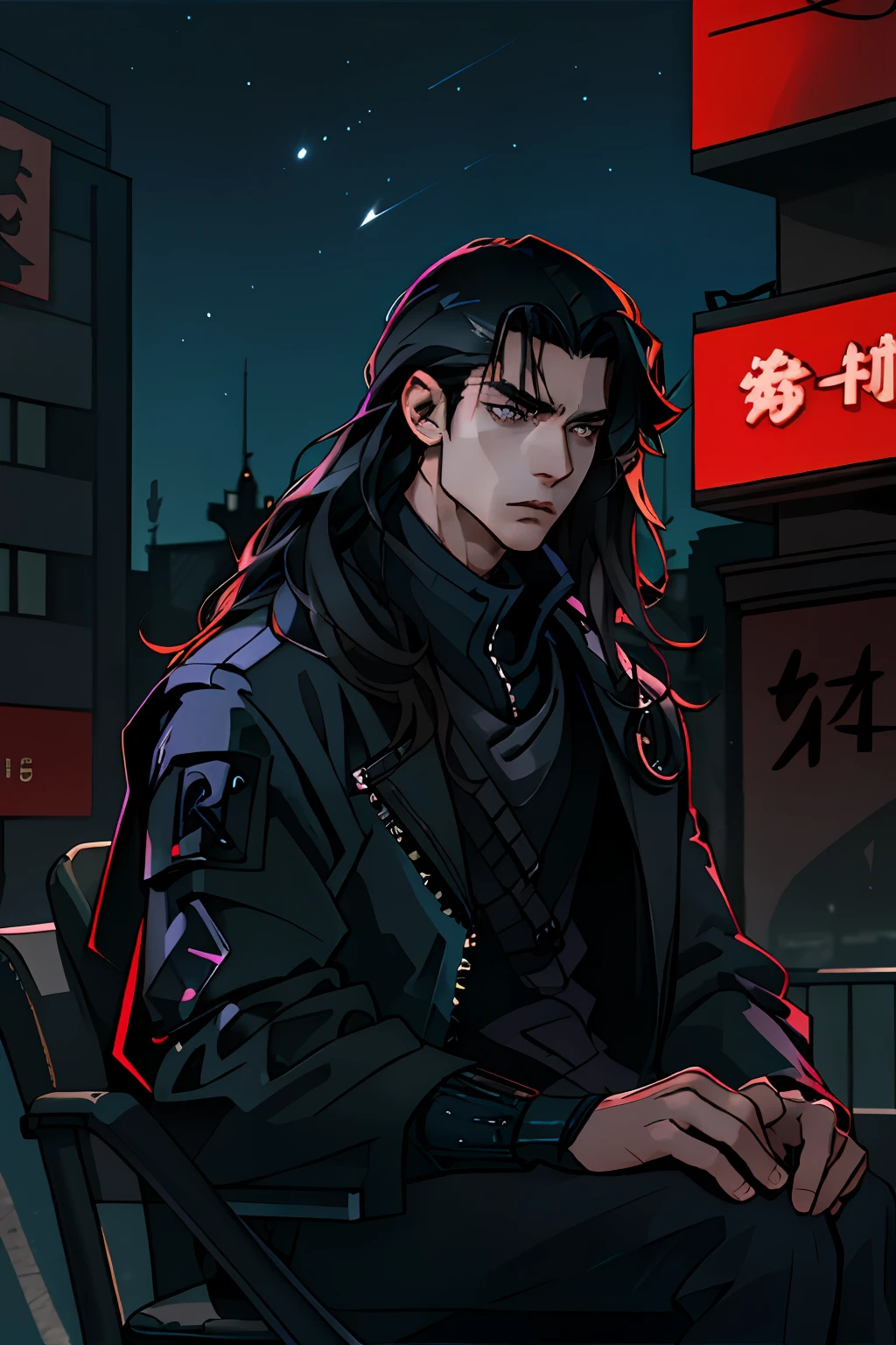 1人, tmasterpiece, beste-Qualit, extra high resolution, nightfall, urban landscape, Depth of field, Gathered long black disheveled hair, Solo man, ciberpunk