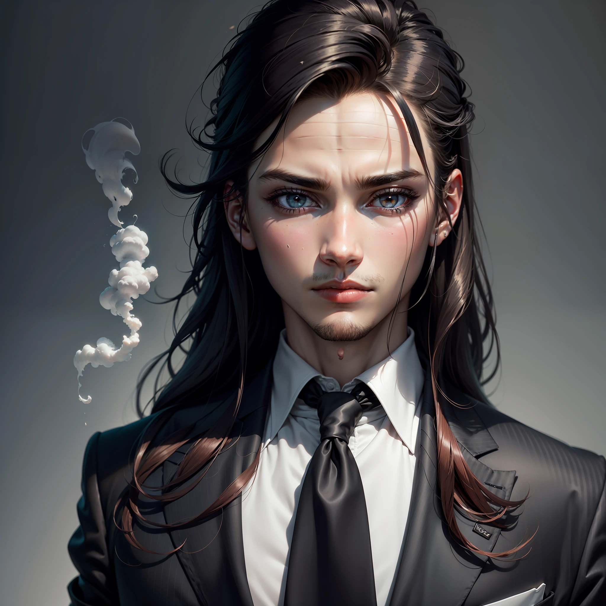 white backgrounid，red pupils，Male with long black hair，In black suit，Dull hair，sitted，1boys，Big hazy eyes，Facial details are exquisite，Impeccable，The complexion is reddish