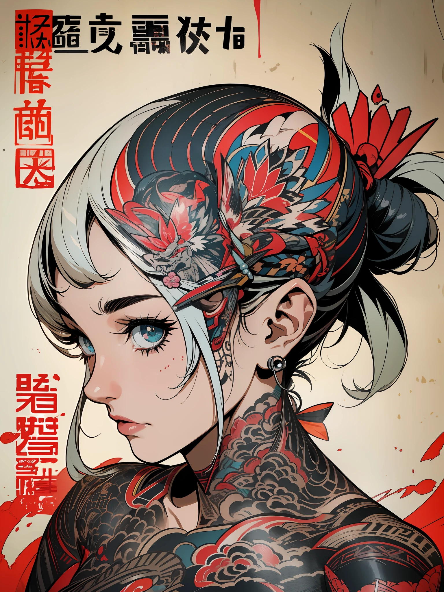 nijistyle, (obra-prima melhor qualidade: 1.4), 1girl, (Chinese text tattoo: 1.5), solo, corpo inteiro, cabelo longo, olhos azuis, olhando para o espectador, mid chest, tatuagem, cabelo colorido, borla, ombros nus, mecha, franja, brincos, dentro de casa, nuca, fora do ombro, joias, Cilia, labia, perfil, coque de cabelo, piercing, single hair bun, nijistyle