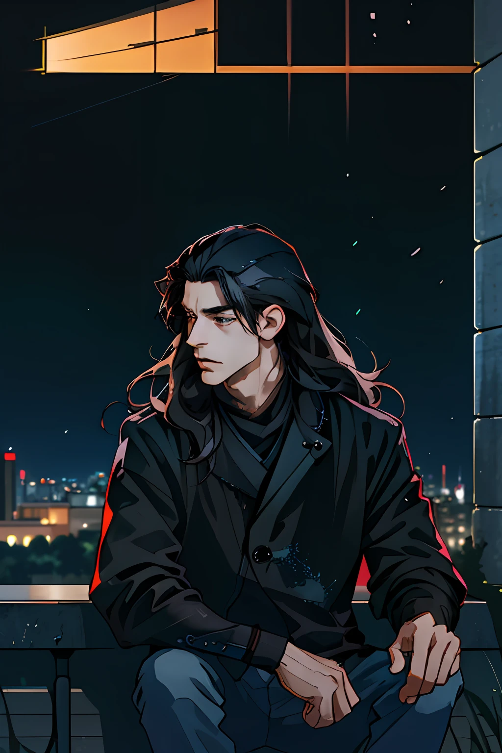 1人, tmasterpiece, beste-Qualit, extra high resolution, nightfall, urban landscape, Depth of field, Gathered long black disheveled hair, Solo man, ciberpunk