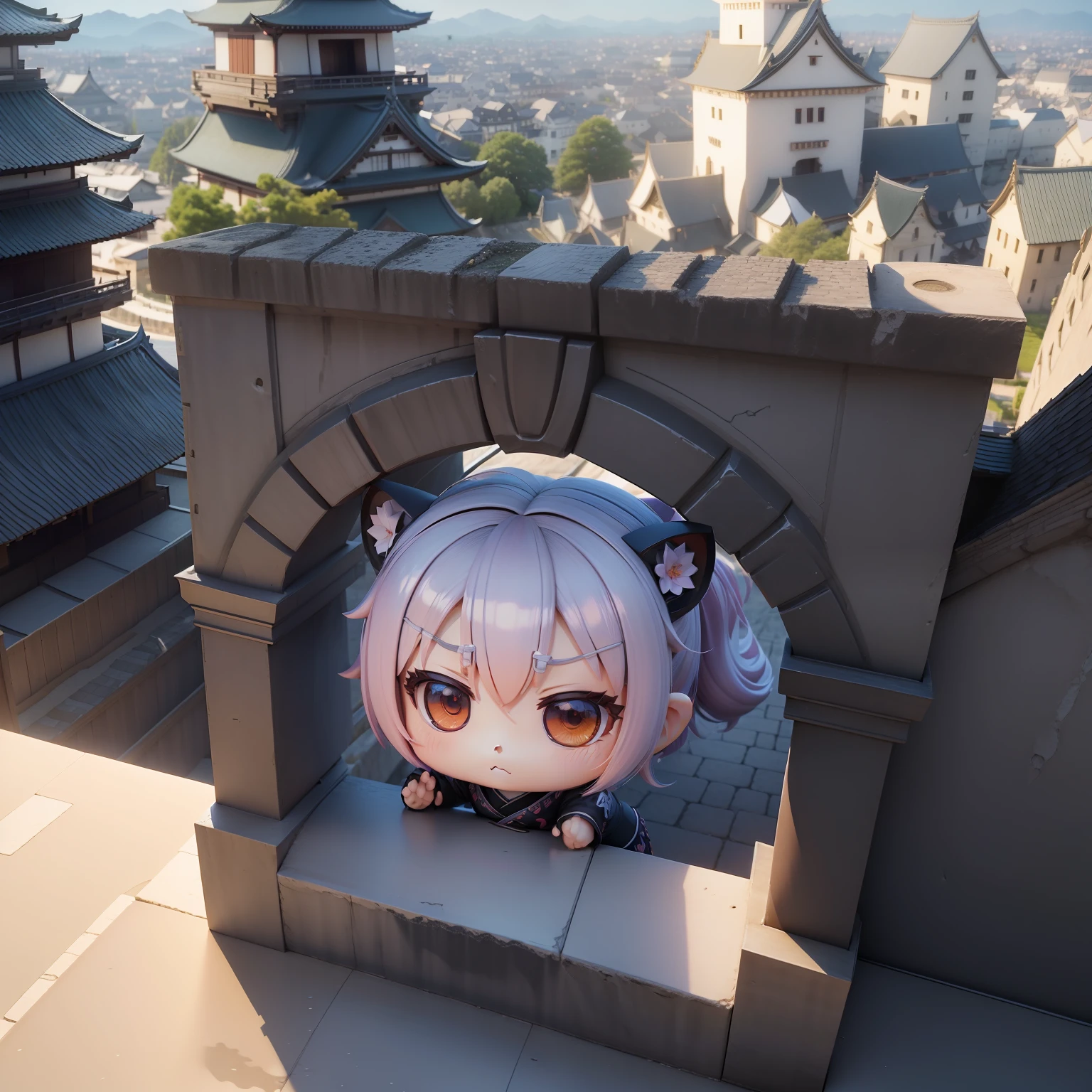 "(((Chibi3D))),Very cute and beautiful chibi anime Japan ninja、🥷、 Himeji Castle、Background of the castle tower、fullllbody、Clamber over the wall、🧗🏻♀️、Face and eyes with well-drawn details、clear outlines、独奏、Chibi3D。"
