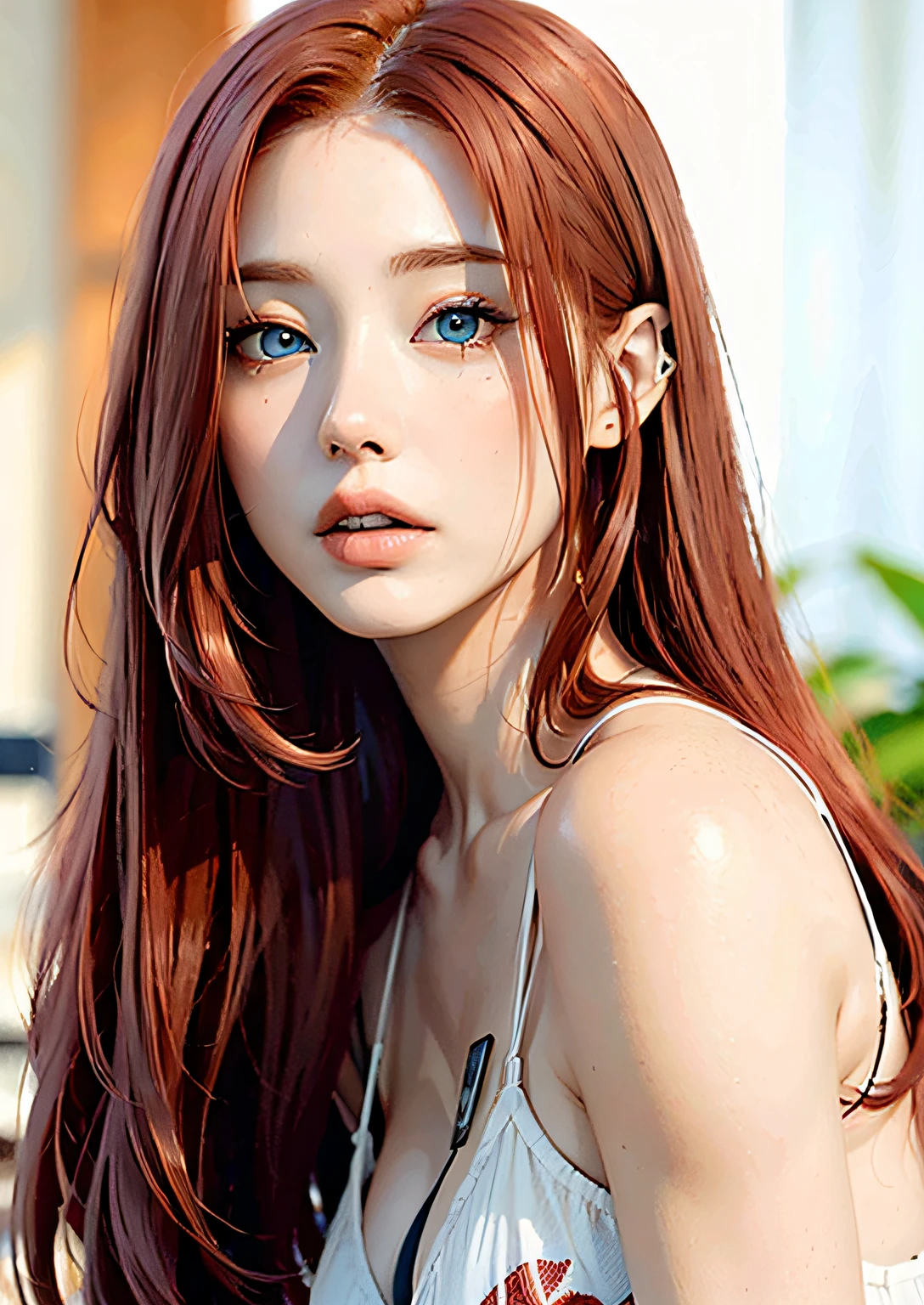 (red hair:1.5), blue eyes