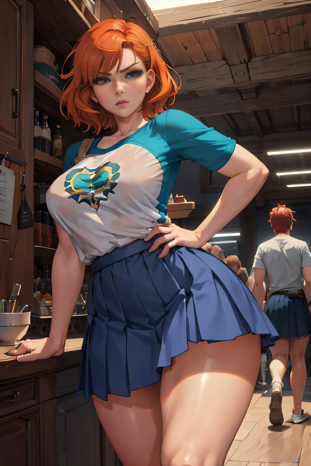 8k,masterpiece, bset quality,big, (1 girl), Triss Marigold, green_eyes, orange hair, short hair, professional lighting, (shiny skin: 1.2), shiny big, ((best quality)), sharp focus: 1.2, highly detailed face and skin texture, detailed eyes, perfect face, perfect body, blur art, cg, background, Big breasts, presence (20yo, mature cool and beautiful face), wearing ((blue skirt), white taut shirt, thigh), blush, (mittgal), random pose, top view, perfect eye, angry face