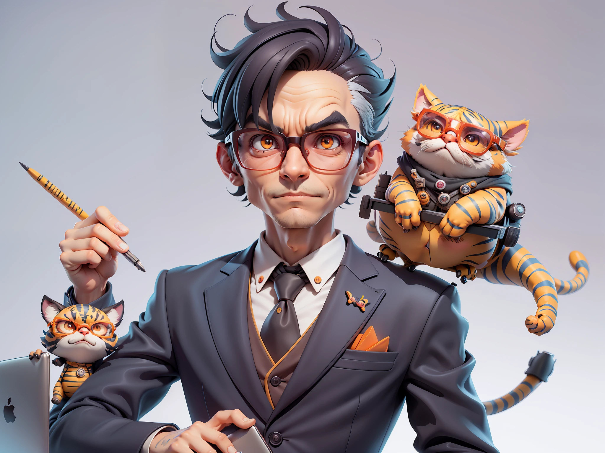 A young man in a suit, Short hair and glasses sat at his desk，holding laptop，digitial painting，tigre，3D character design by Mark Clairen and Pixar and Hayao Miyazaki and Akira Toriyama，4K HD illustration，Very detailed facial features and cartoon-style visuals。