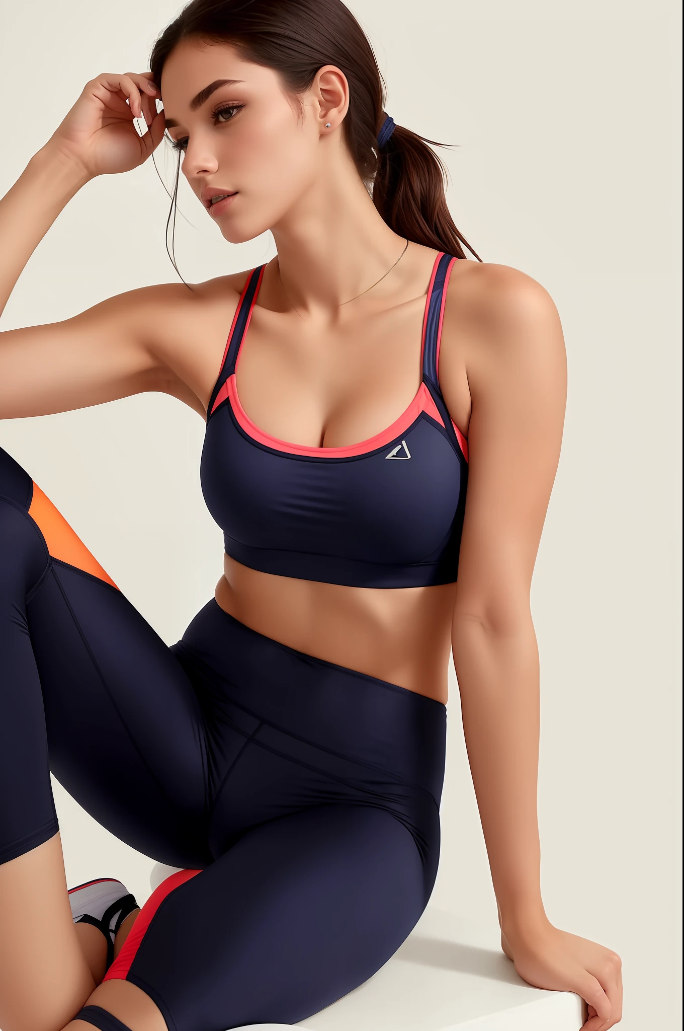 Woman sitting on a white surface wearing a sports bra top, sport bra and dark blue shorts, sport bra and shorts, sport bra and shirt, Esporte bom, sports bra, two piece workout clothes, Azul escuro + laranja escuro, usando equipamento de fitness, detailed sports bra, roupas esportivas fofas, brassier, roupas esportivas, Bralette, roupas esportivas, peitinhos grandes, seios grandes
