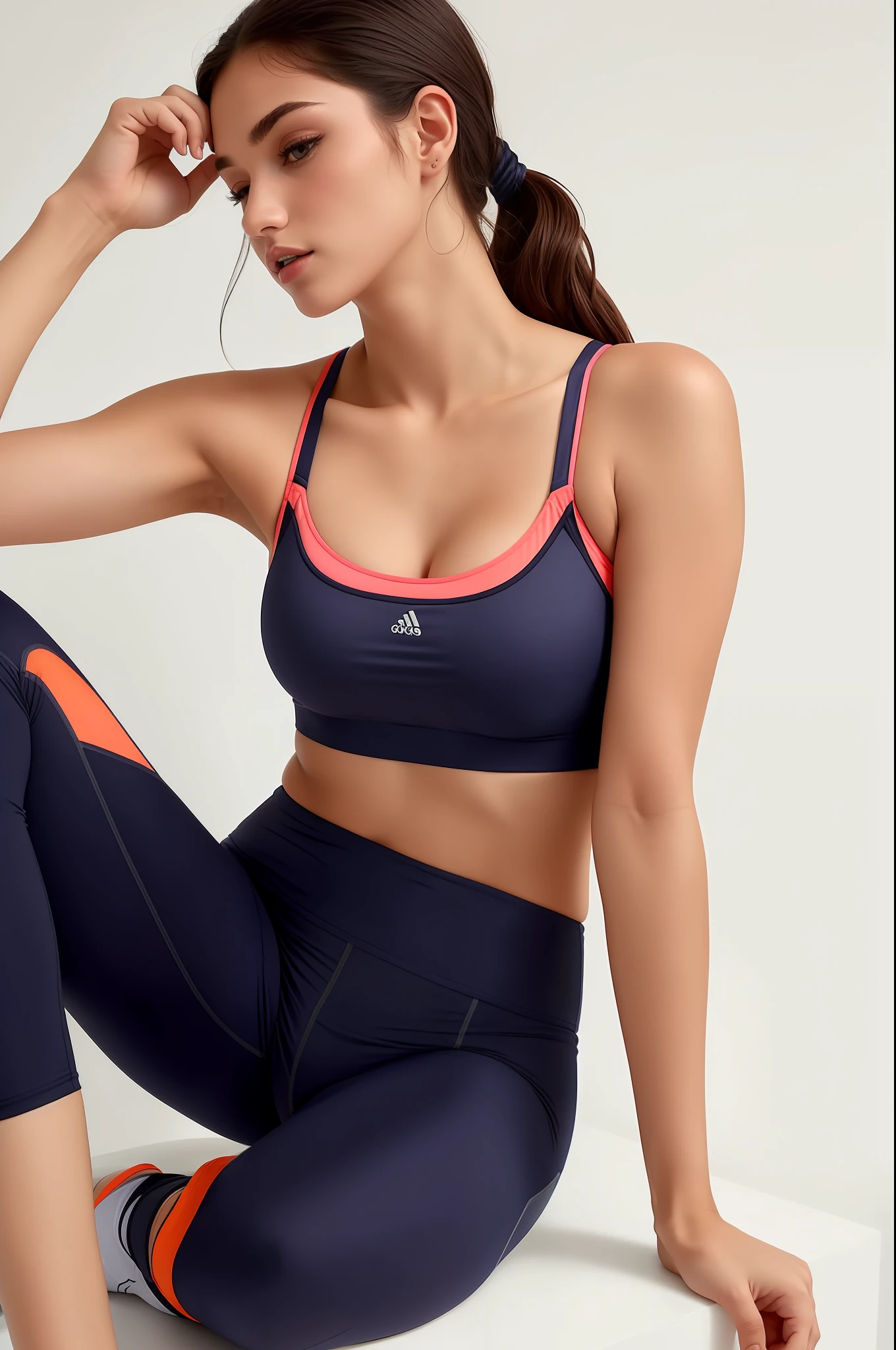 Woman sitting on a white surface wearing a sports bra top, sport bra and dark blue shorts, sport bra and shorts, sport bra and shirt, Esporte bom, sports bra, two piece workout clothes, Azul escuro + laranja escuro, usando equipamento de fitness, detailed sports bra, roupas esportivas fofas, brassier, roupas esportivas, Bralette, roupas esportivas, peitinhos grandes, seios grandes