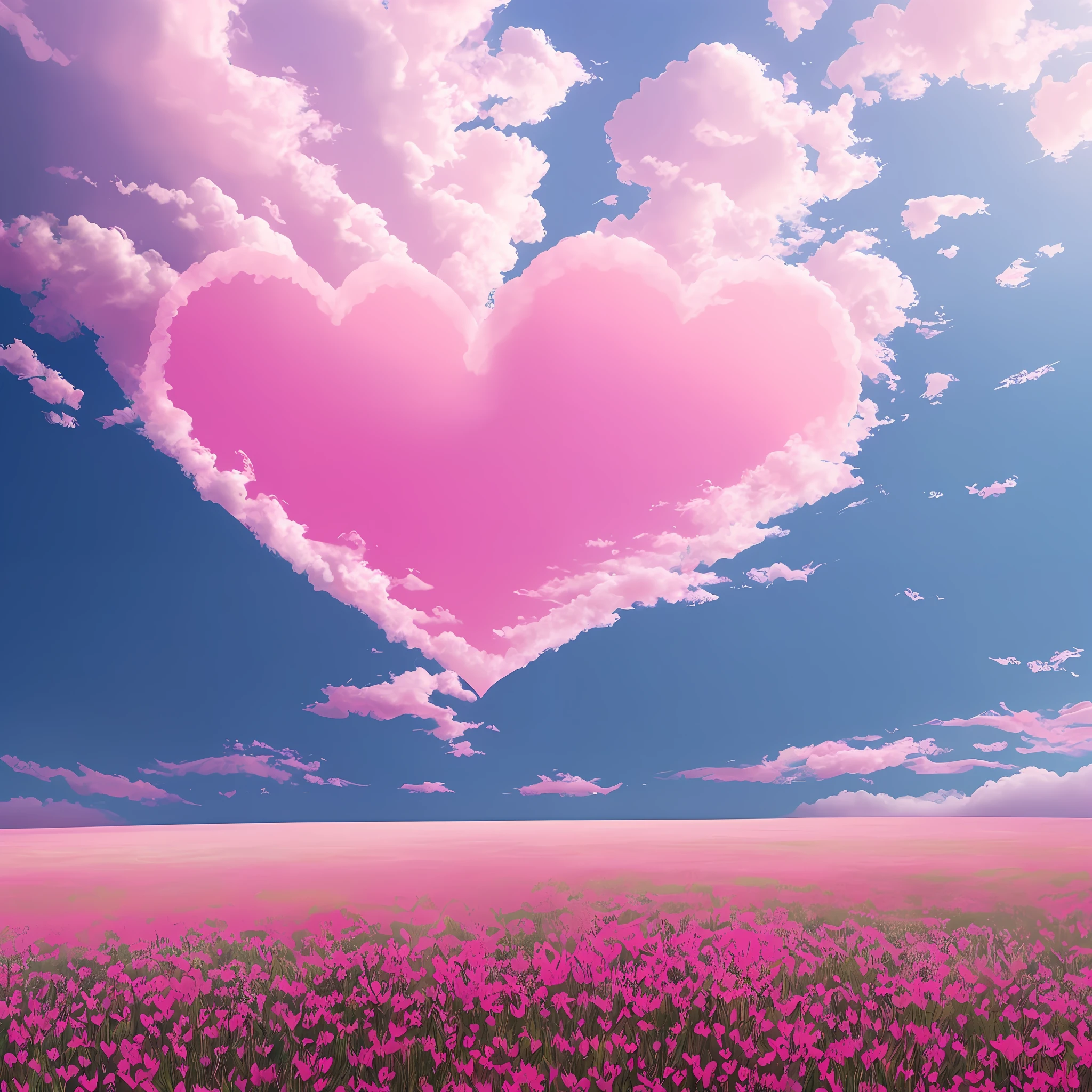 There is a pink heart-shaped cloud over the field, stream of love and happiness, pink landscape, (Heart), Beautiful artwork, beautiful image ever created, Beautiful digital artwork, Beautiful image, Really beautiful nature, flowing pink-colored silk, beautiful digital art, magic heart, Beautiful wallpaper, pink zen style, Beautiful nature, heaven pink, beautiful art