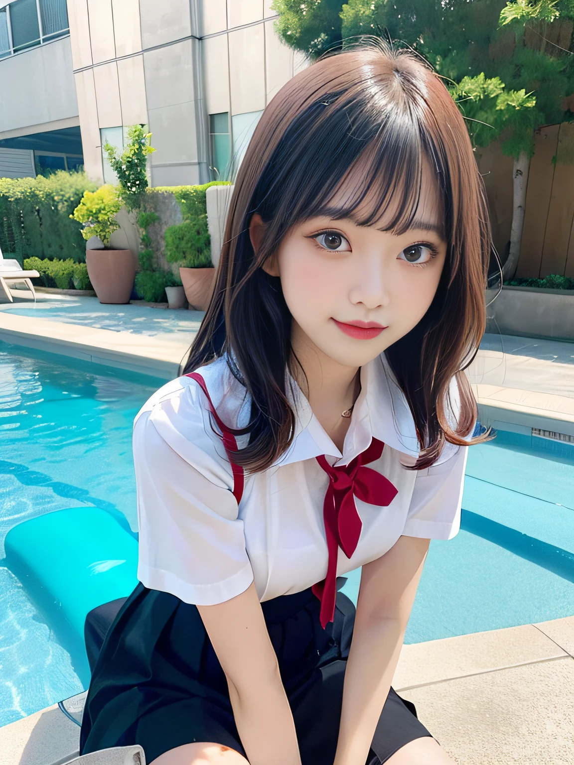 （64k，RAW photos，best qualtiy，masterpiecel1.4），（realisticlying，photograph realistic：1.37），Photos of Japanese girls，Wear a school uniform，naturey（big cleavage breasts：1.25），（small：1.4），looks away，seduct smile，（Kpop idol），messy  hair，（（Short）），（Pink blush），（illuminating），pool，Sit on the bed，，（独奏），dynamicposes，（erected ），（femele）， （puffy eye：1.3）， （delicate leg）， hdr， highly  detailed， Environmental occlusion， Harmonious composition， fine art photography，（（Liuhai）），gigantic cleavage breasts，（（Shoot from bottom to top）），Long legs，Wearing black stockings，full bodyesbian