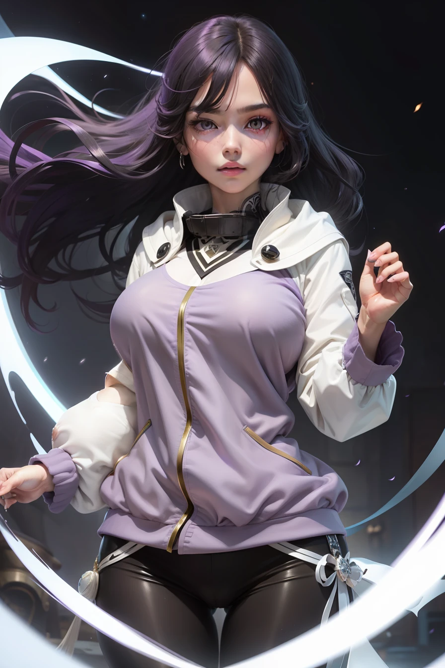 masterpiece, best quality, high resolution, fine detail, amazing and beautiful detail, different_images, 1 girl, purple and white long-sleeved jacket, from below, jet black hair, white-purple eyes, ( big boobs),( big boobs) , (big boobs), (lower chest), outer space, plants, black pants, Konoha village crest, purplish-white eyes,