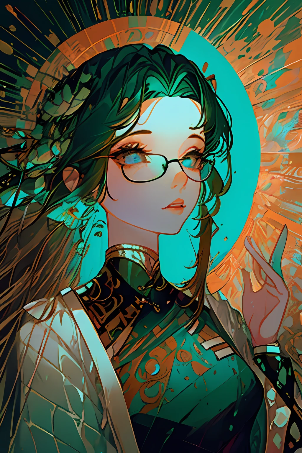 (tmasterpiece,top Quority,best qualtiy,offcial art,Beauty and aesthetics:1.2),(1girll),Extremely detailed,(s fractal art:1.3),Extremely colorful,Most detailed,Dark green hair,short detailed hair,Black eyes,Chinese outfit,eye glass