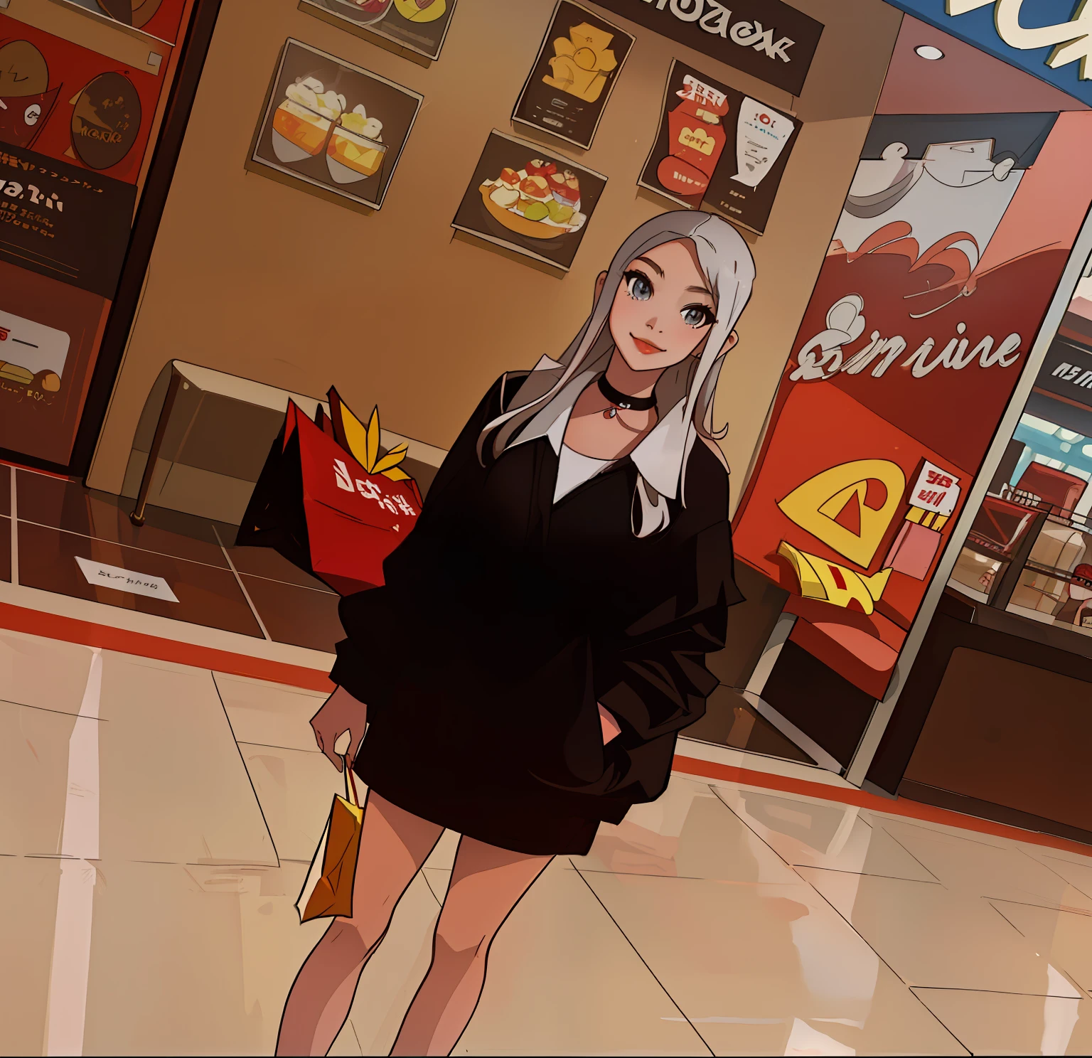 There's a woman standing in a mall with a red car.., aparecer em um shopping center, em um shopping, em um shopping, taken in the early 2020s, Estilo anime, sorrindo