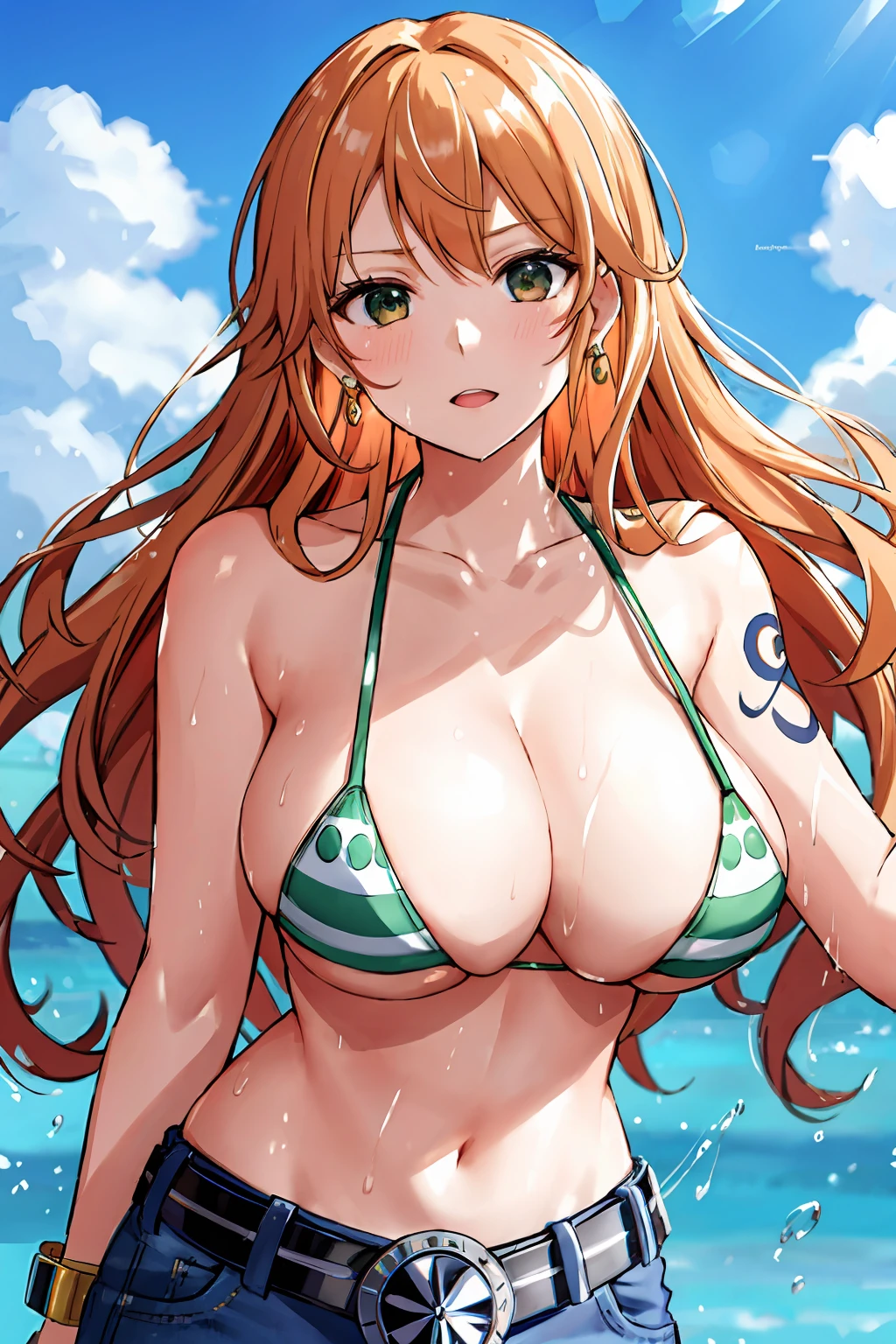 detailed background, masterpiece, 4k, best quality, late youth, adult, wrestler body, 1girl, active, energic, uppercut, (large mouth) , solo, nami \(one piece\), 1girl, bangle, (very wet, drenched in sweat, sweat all over body, very wet hair, tired, taking breath, open mouth, sweaty face, sweaty body, panting, sweating too much, shiny sweat, sweat stains, leaning forward, tilting, waving good bye with both hands, bruises on body, high ponytai), perfect detailed face, bold drawing lines, muscular arms, detailed bold arm lines, flat jaw, adult woman, wavy wide streaked bangs,(very long left side bangs, lock of hair upward), floating bang streakls, (big cheeks), bare shoulders, off-shoulders, belt, bikini, bikini top only, blue sky, bracelet, springy breasts, breast lines, big round eyes, plain big brown shiny eyes, bubbles, high eye position, cleavage, cloud, day, denim, earrings, floating hair, shiny hair, green belt, green bikini, bold groin lines, jeans, jewelry, large breasts, log pose, long hair, looking at viewer, navel, wet hair, orange hair, pants, shoulder tattoo, sidelocks, sky, solo, standing, stomach, swimsuit, tattoo , looking at viewer, open mouth, detailed left arm, big forehead, hourglass figure, small head, toned body, wide hair, wind effect, sun effect, under the sun, narrow small ears angle, older, random poses,