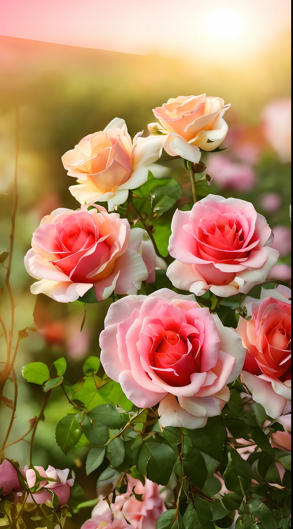 Many roses bloom in the garden, rosette, roses in cinematic light, a few roses, exploding roses, magical colorful flowers, beautiful colorful, rosses, pastel roses, colored flowers, Colorful flowers, beautiful colorful, beautiful flowers growing, with beautiful colors, Blooming flowers, melanchonic rose soft light, Beautiful flowers, colorful flower, flowers blooming
